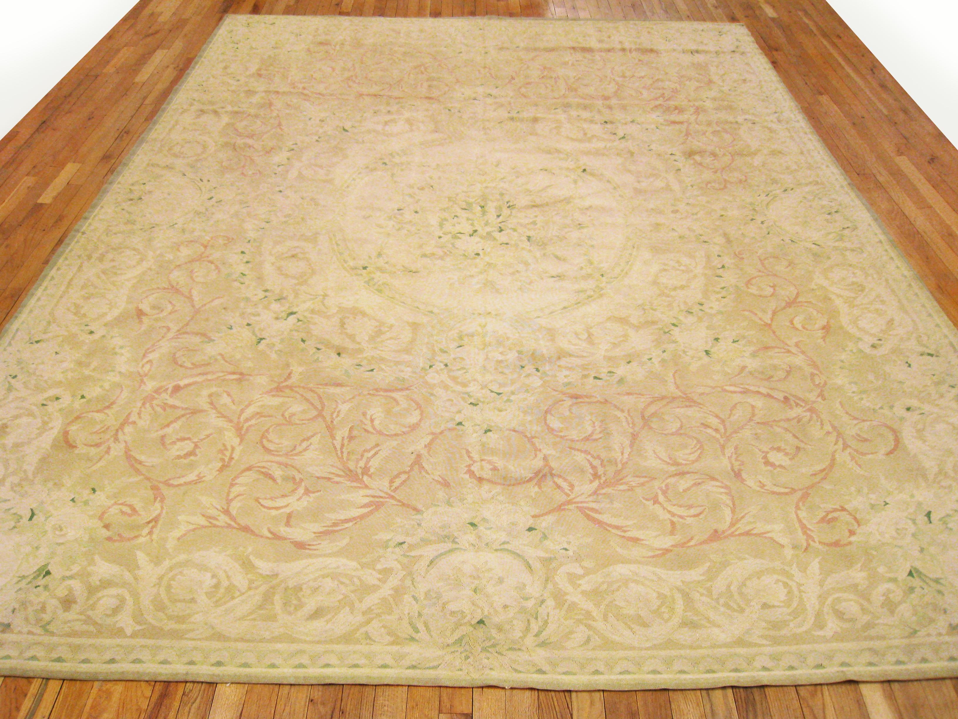 Hand-Knotted Antique French Decorative Oriental Aubusson Rug in Room Size  For Sale