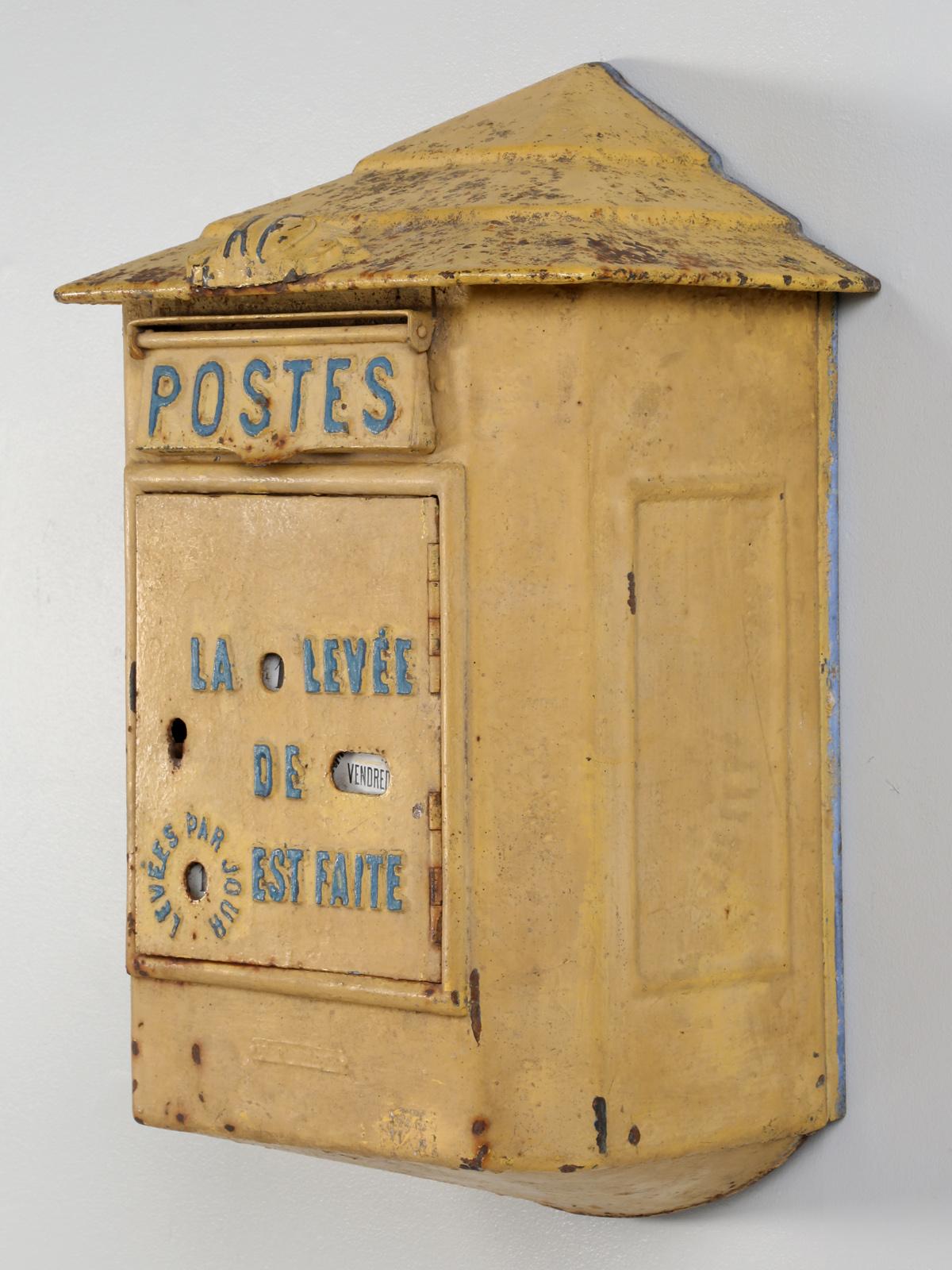 Antique French Delachana Paris mailbox and in order to encourage small towns to install additional mail boxes, Delachanal created for the post office a large steel box utilizing the same door as the cast iron boxes. The new mail box had a pressed