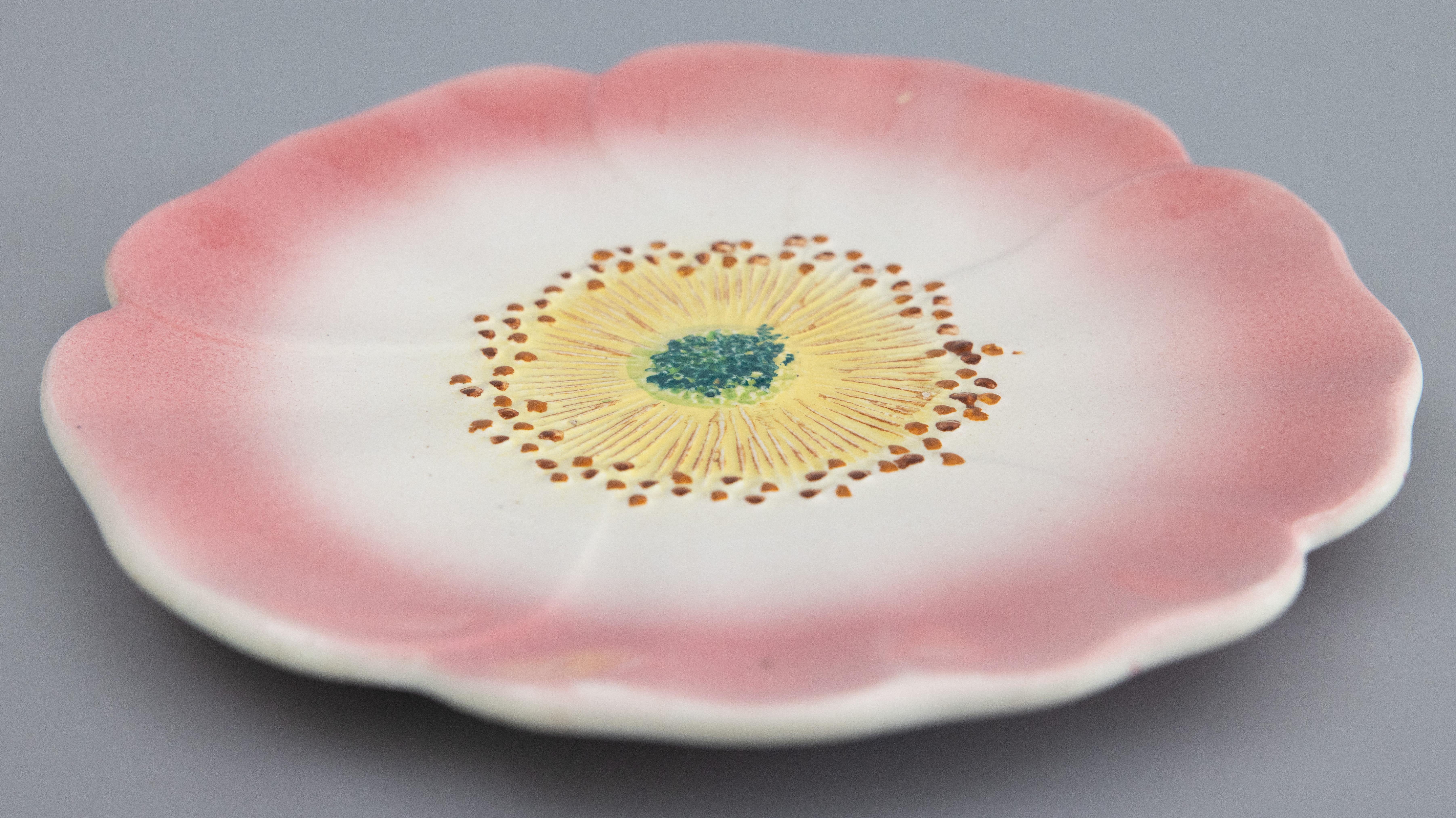 Hand-Painted Antique French Delphin Massier Majolica Wild Rose Pink Flower Plate, C. 1890