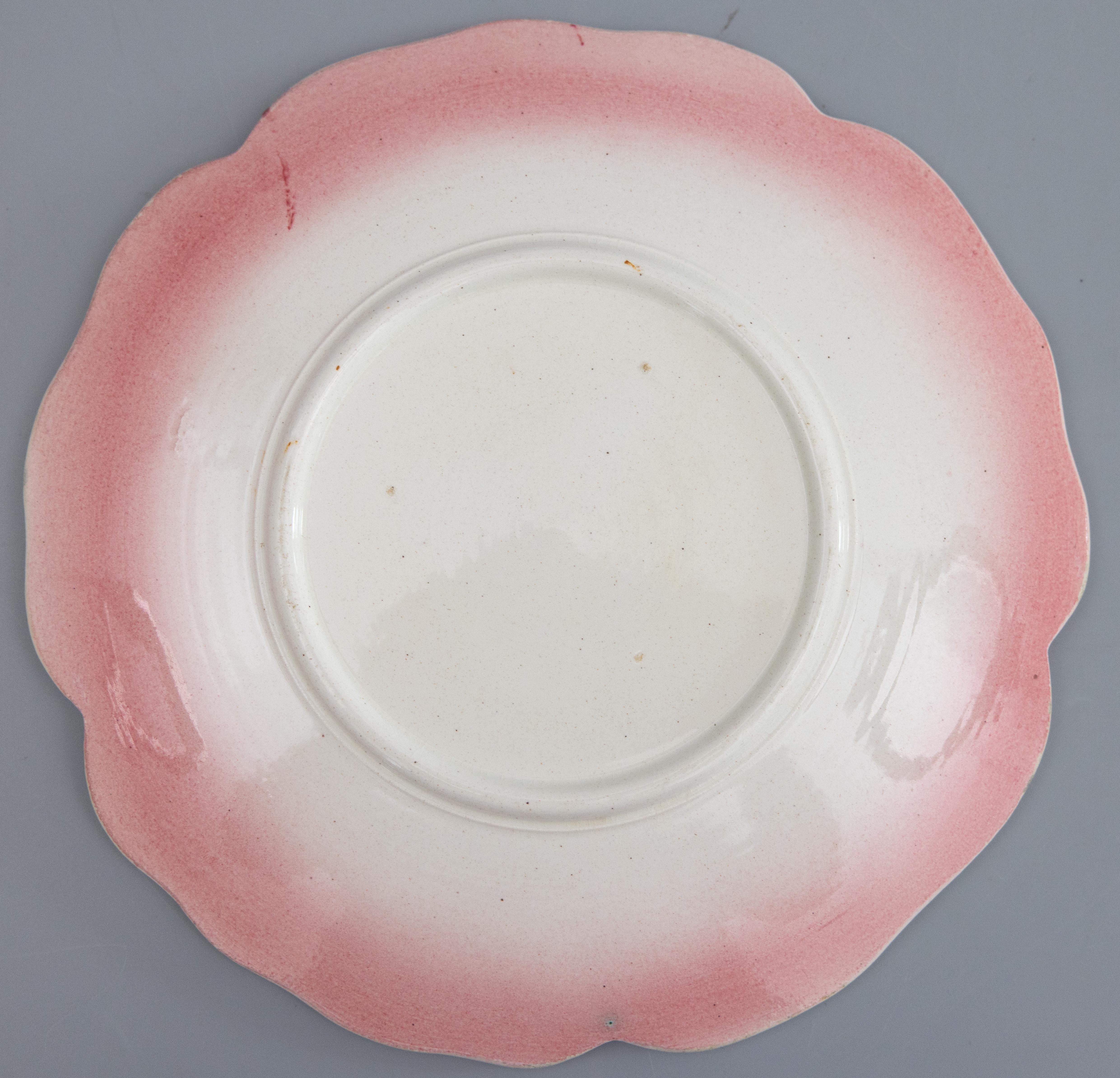19th Century Antique French Delphin Massier Majolica Wild Rose Pink Flower Plate, C. 1890