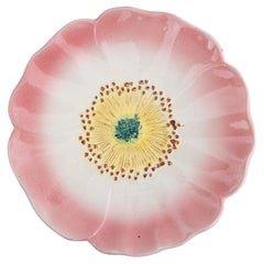 Antique French Delphin Massier Majolica Wild Rose Pink Flower Plate, C. 1890