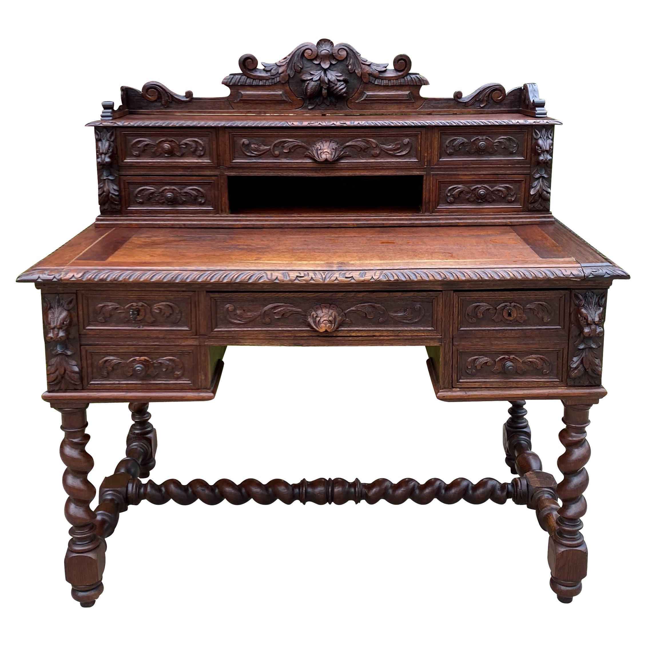 Antique French Desk Barley Twist Oak Office Library Desk Renaissance Revival