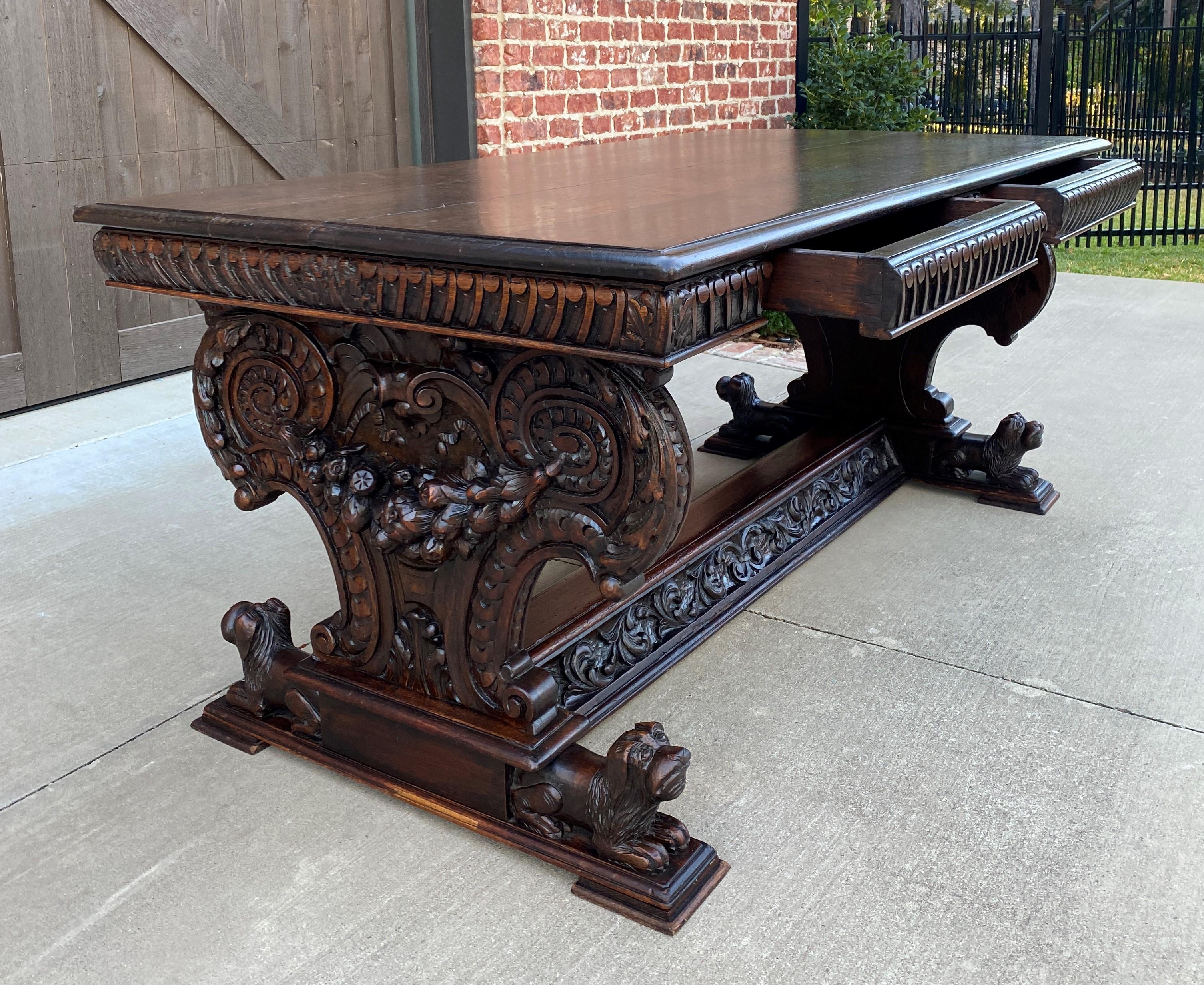 Antique French Desk Conference Table with Drawers Oak Renaissance Revival Dogs 11