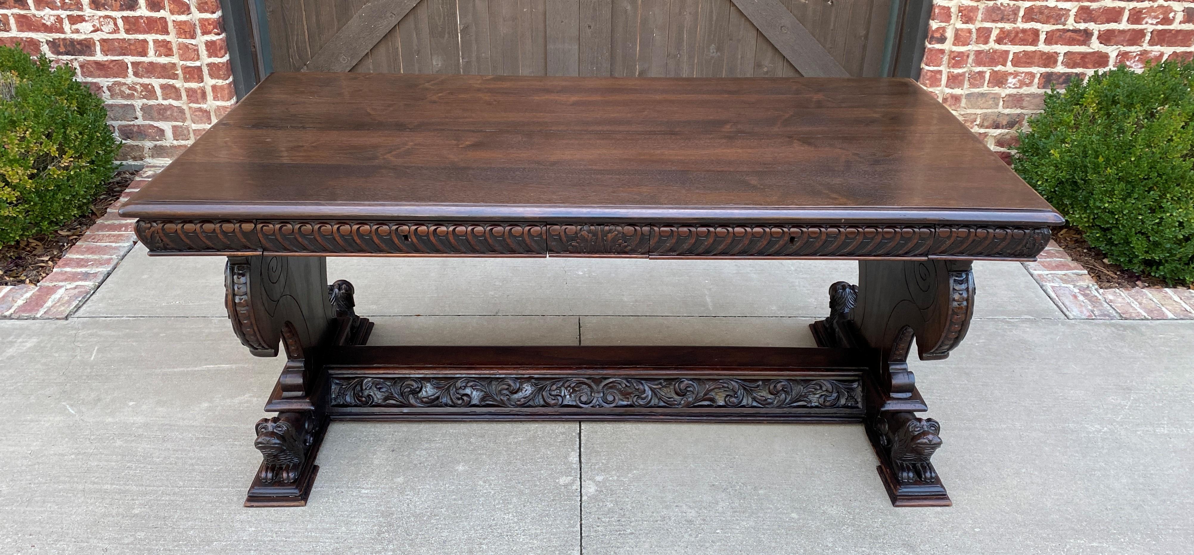 Antique French Desk Conference Table with Drawers Oak Renaissance Revival Dogs In Good Condition In Tyler, TX