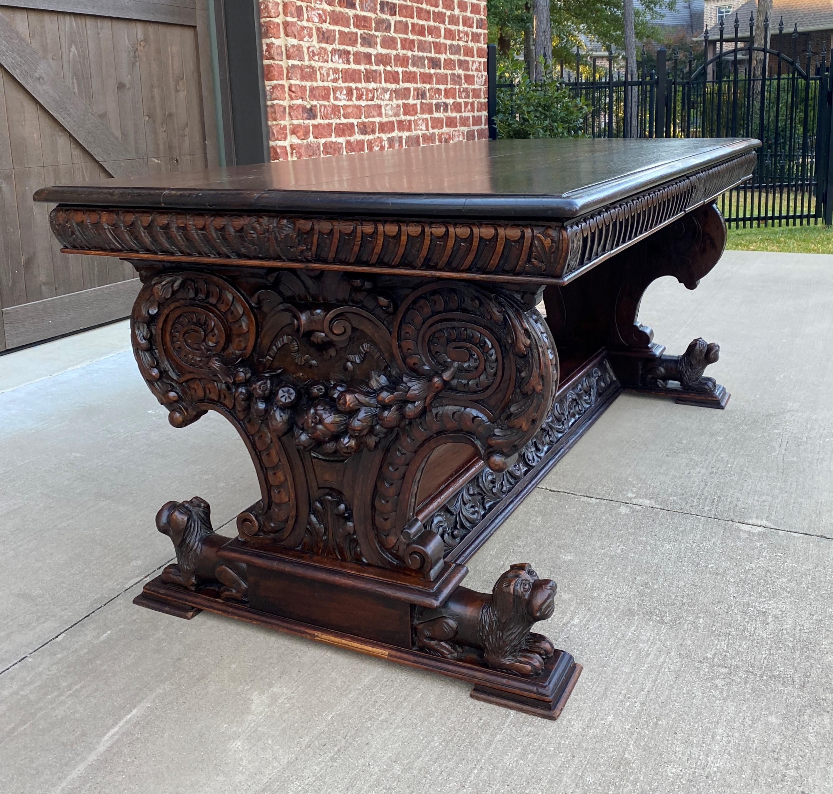 Mid-19th Century Antique French Desk Conference Table with Drawers Oak Renaissance Revival Dogs