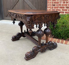 Antique French Desk Dolphin Table Renaissance Revival Carved Oak Drawer 19th C
