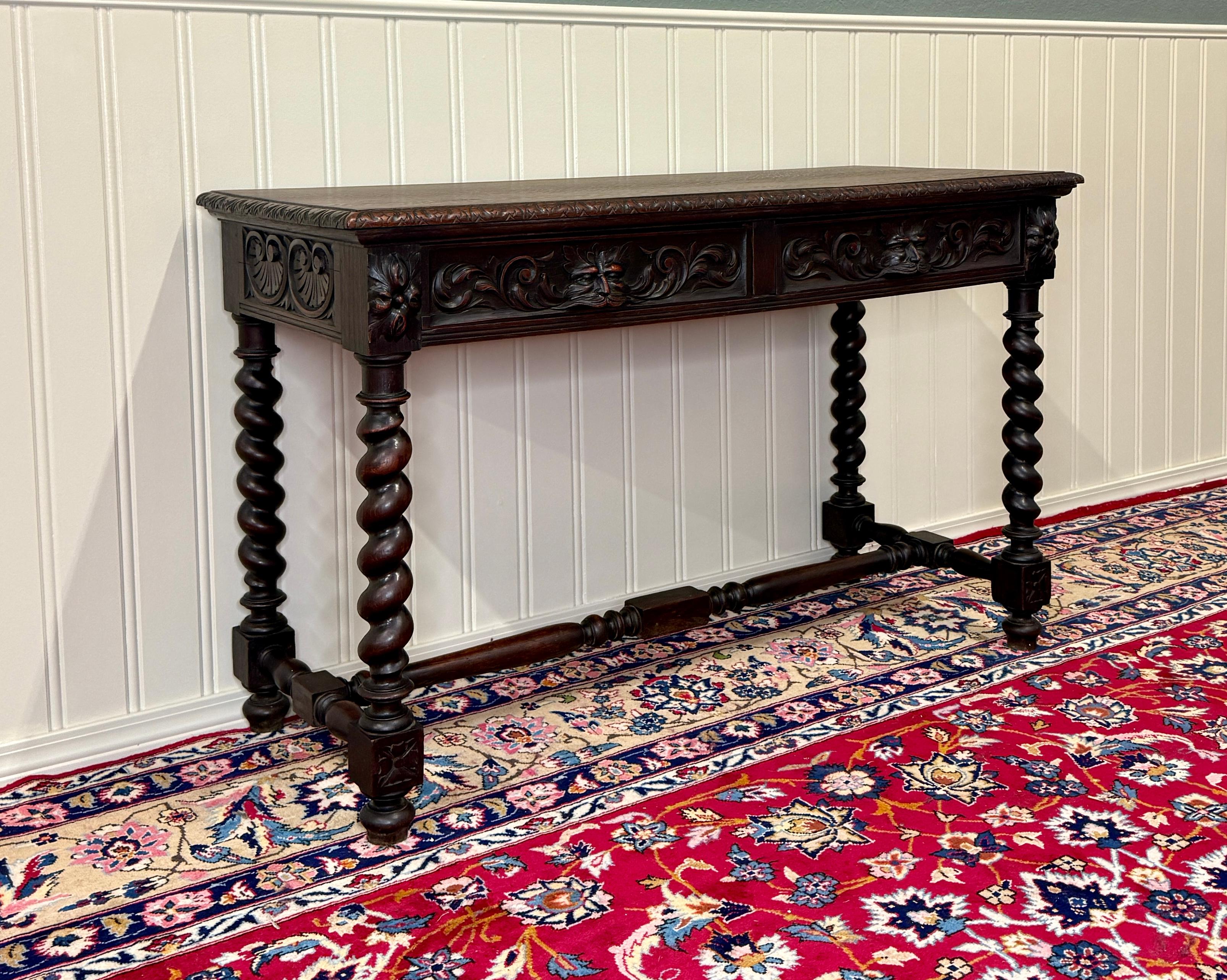 Antique French Desk Entry Table with Drawers Oak Barley Twist Sofa Table c 1900s For Sale 4