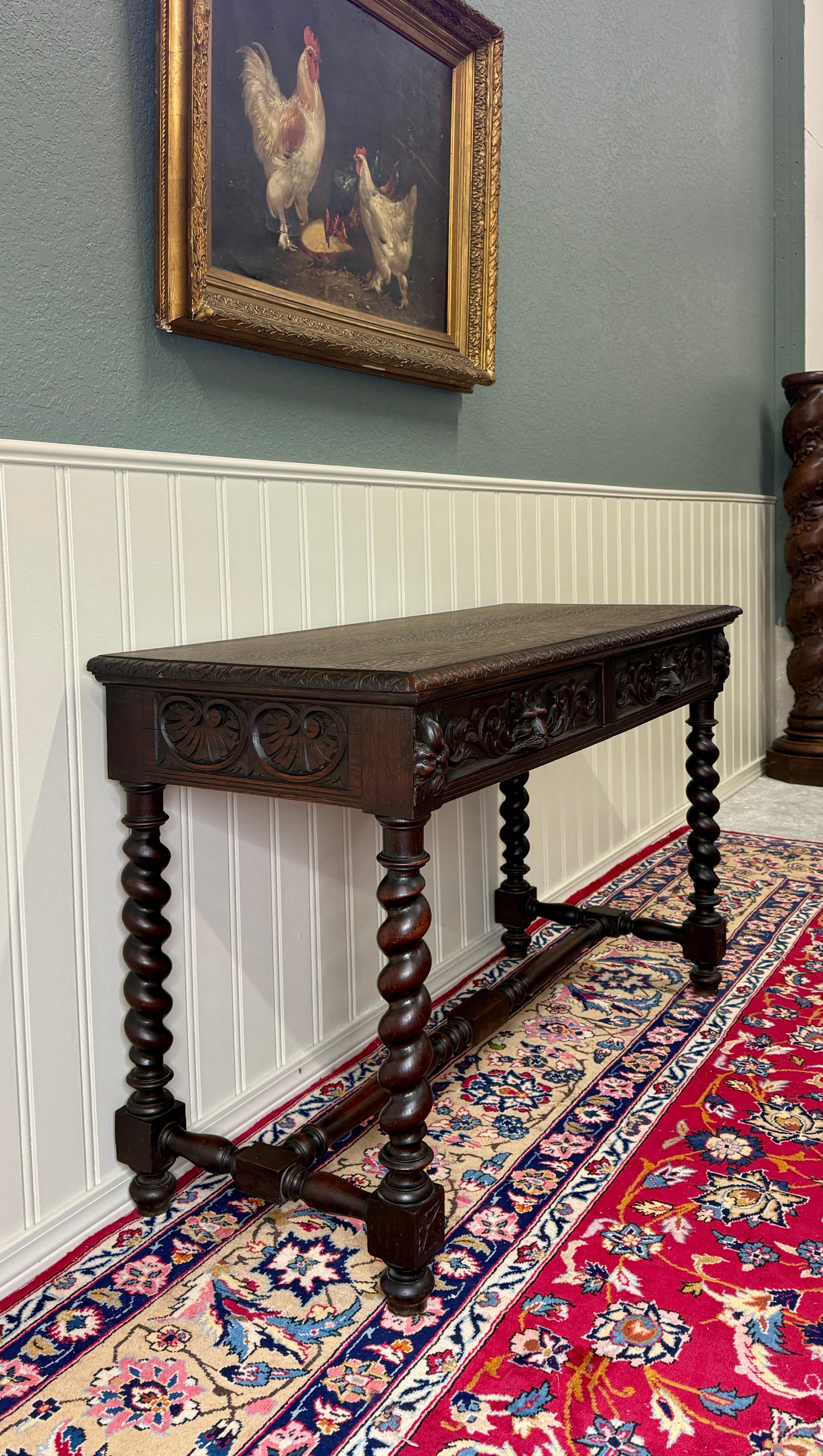 Antique French Desk Entry Table with Drawers Oak Barley Twist Sofa Table c 1900s For Sale 5