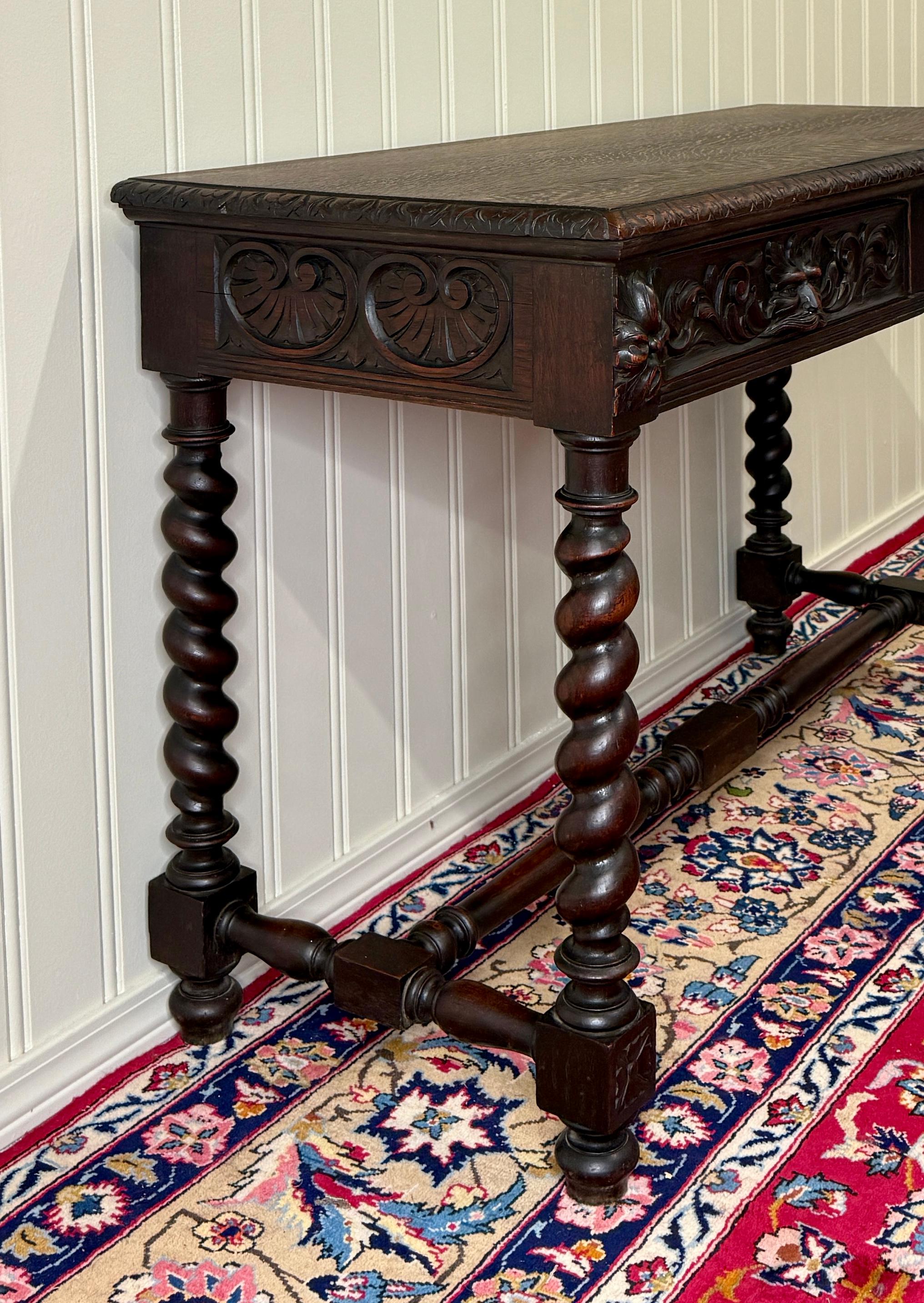Antique French Desk Entry Table with Drawers Oak Barley Twist Sofa Table c 1900s For Sale 7