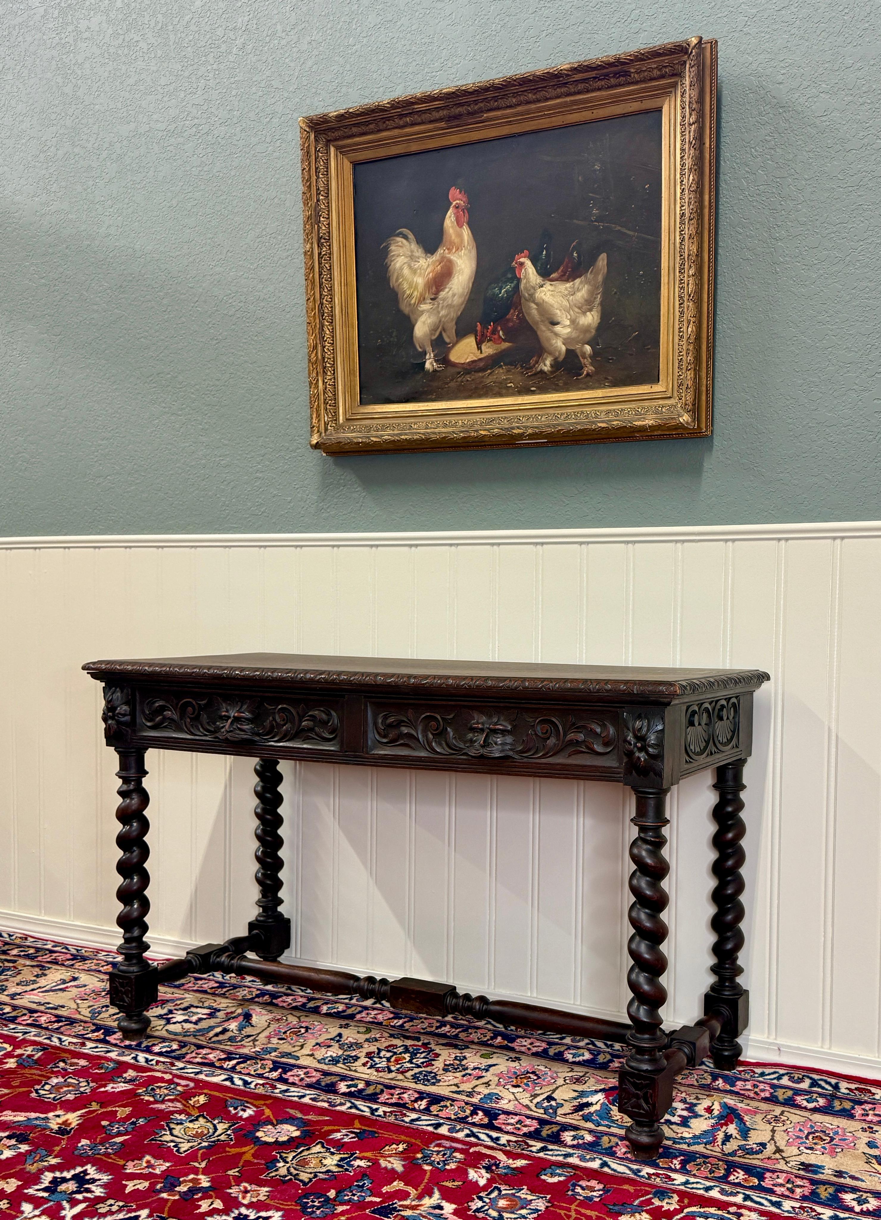 Antique French Desk Entry Table with Drawers Oak Barley Twist Sofa Table c 1900s For Sale 8