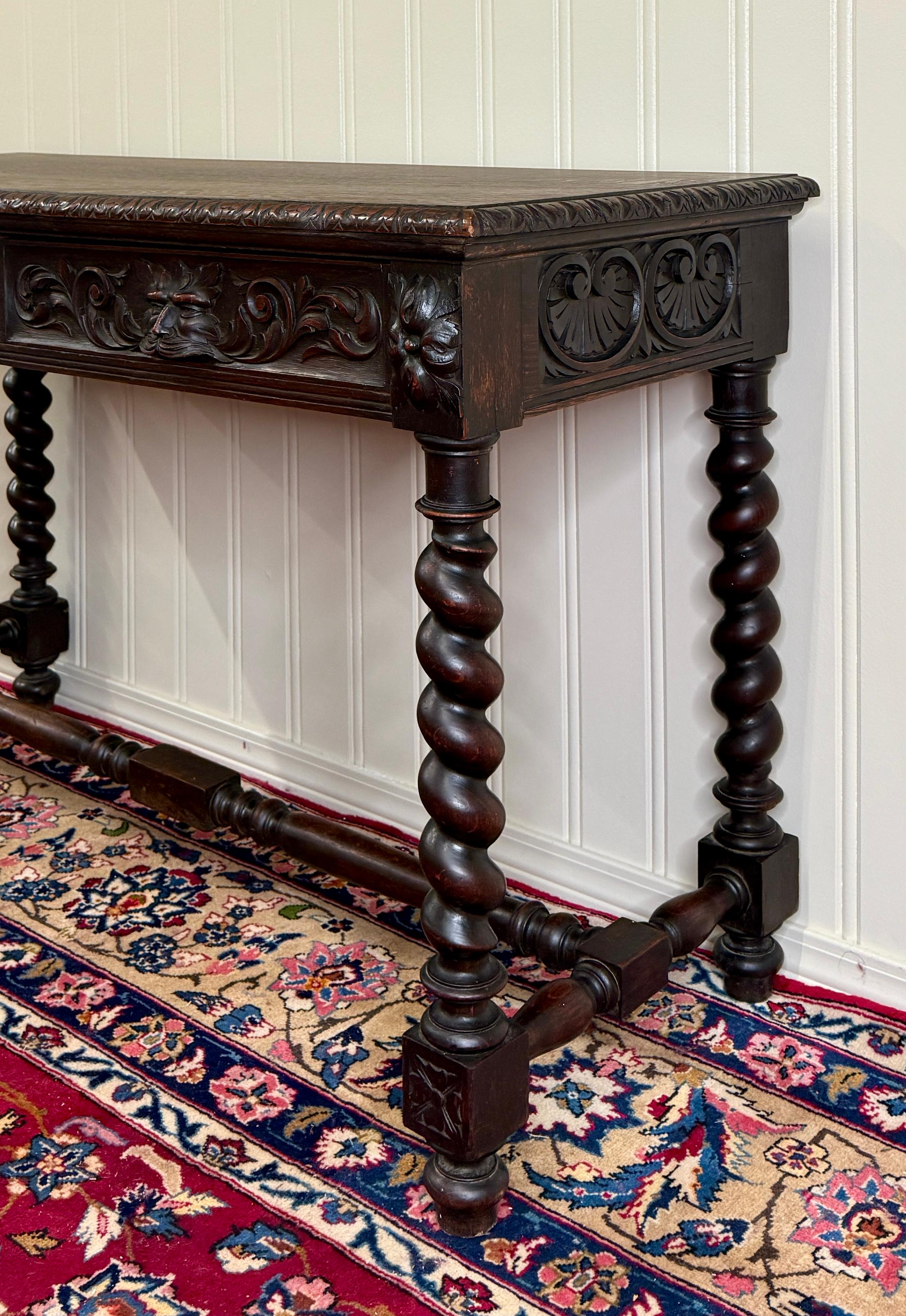 Antique French Desk Entry Table with Drawers Oak Barley Twist Sofa Table c 1900s For Sale 9