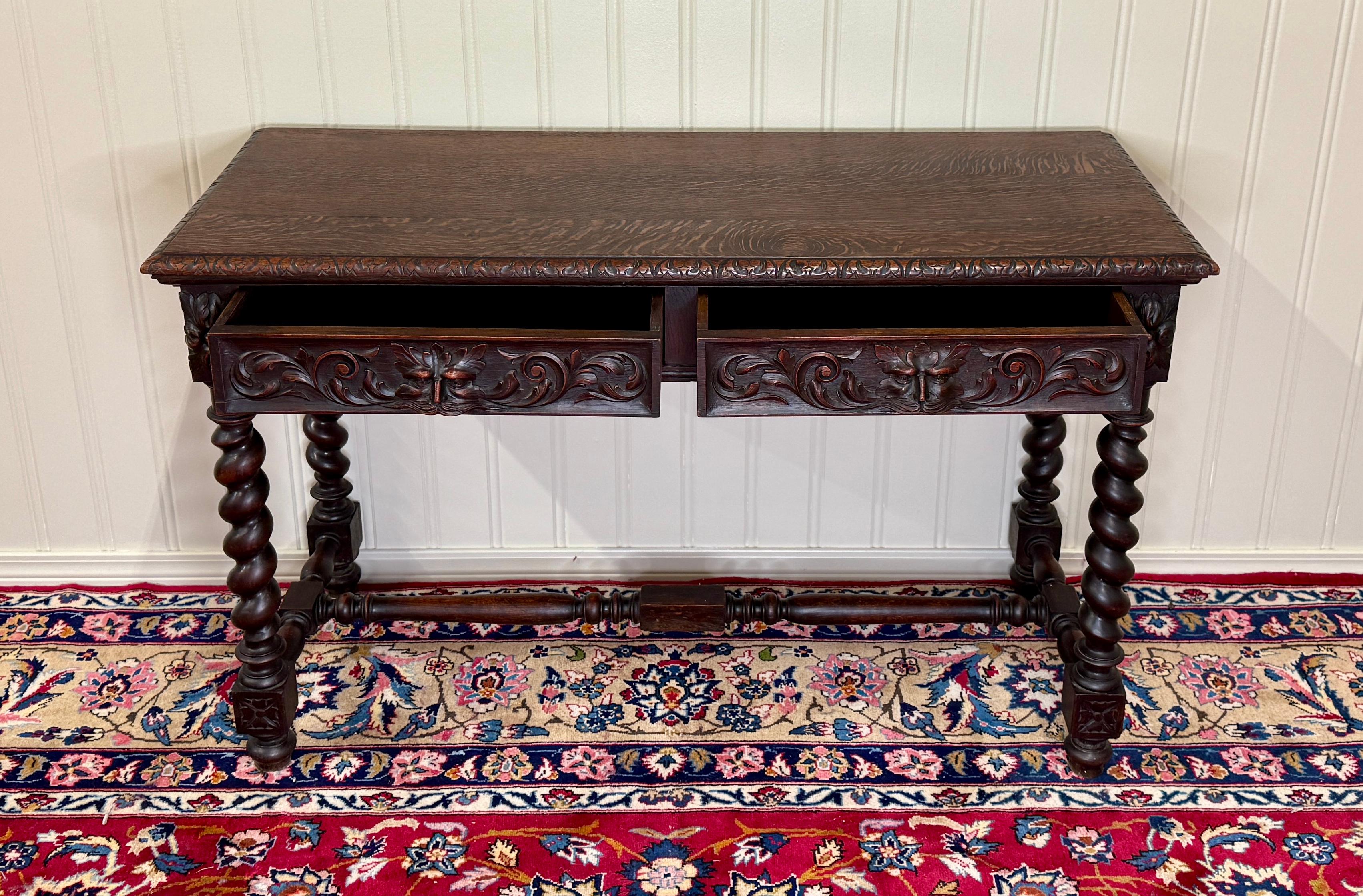 Antique French Desk Entry Table with Drawers Oak Barley Twist Sofa Table c 1900s For Sale 11