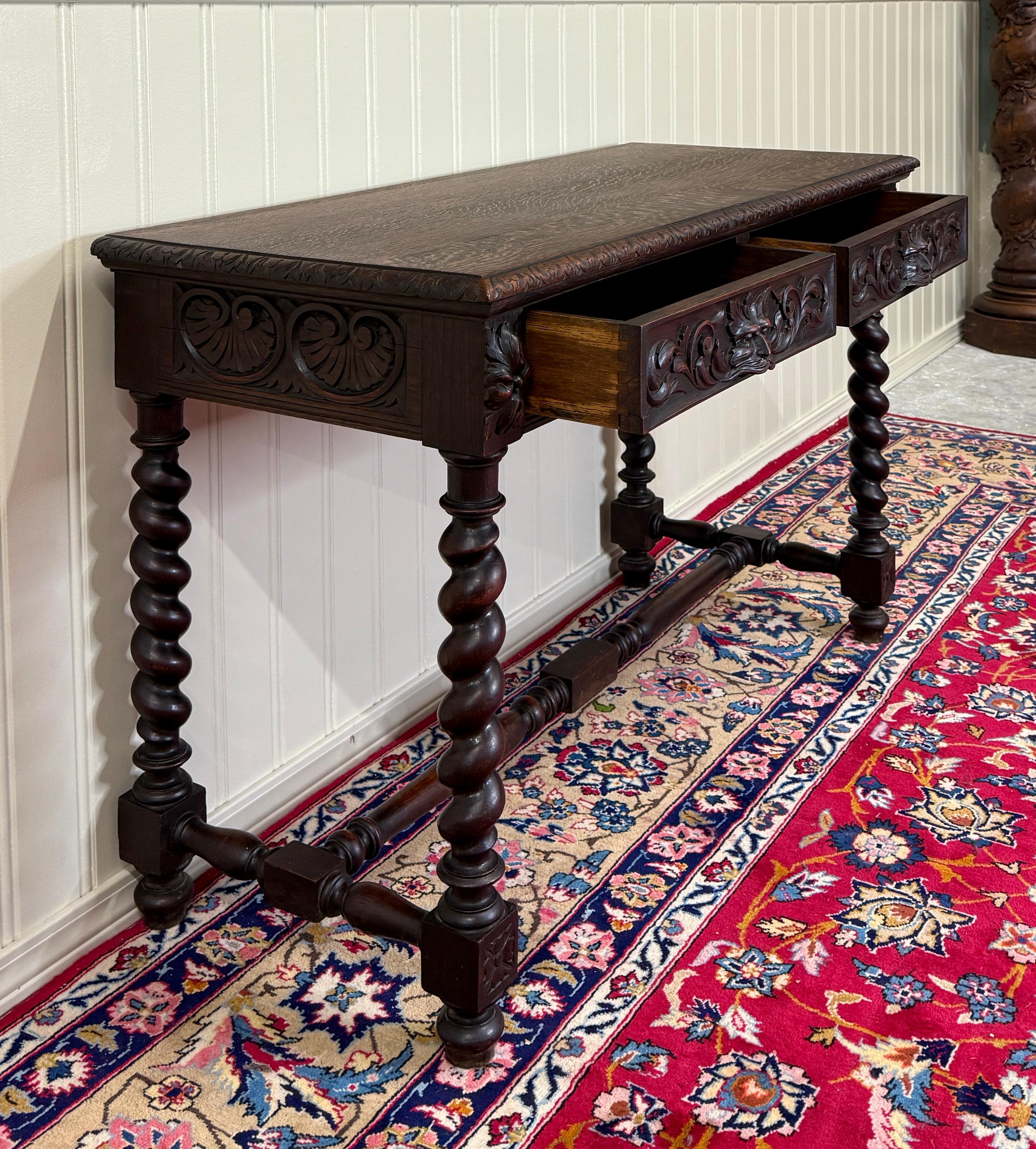 Antique French Desk Entry Table with Drawers Oak Barley Twist Sofa Table c 1900s For Sale 13