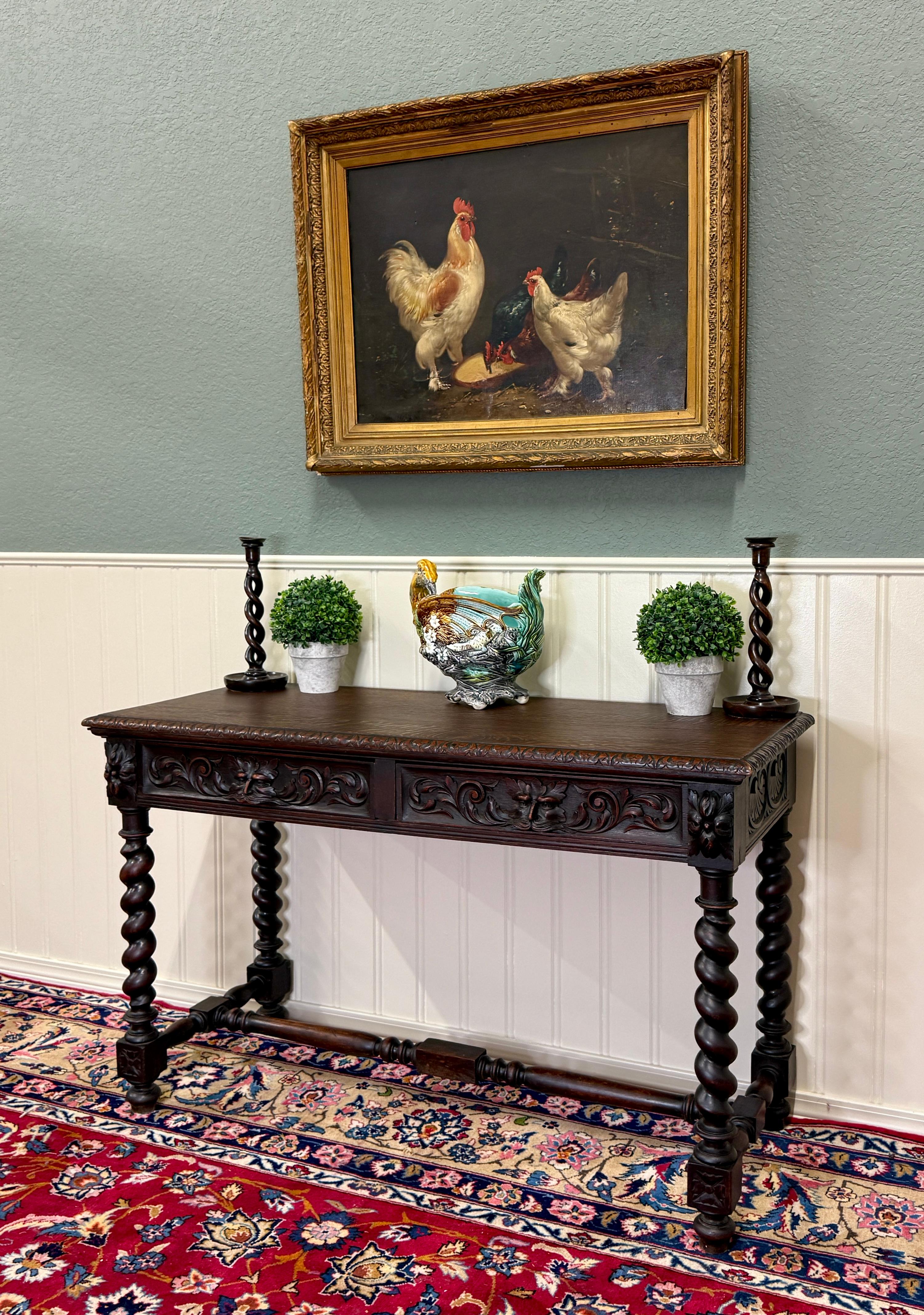 BEAUTIFUL Antique French Carved Oak Desk, Writing Table, Entry or Sofa Table with Two Drawers~~Barley Twist Legs and Turned Post Center Stretcher~~c. 1900s-1920s
 

SLIM Versatile size (flat back fits flush along wall) ~~30