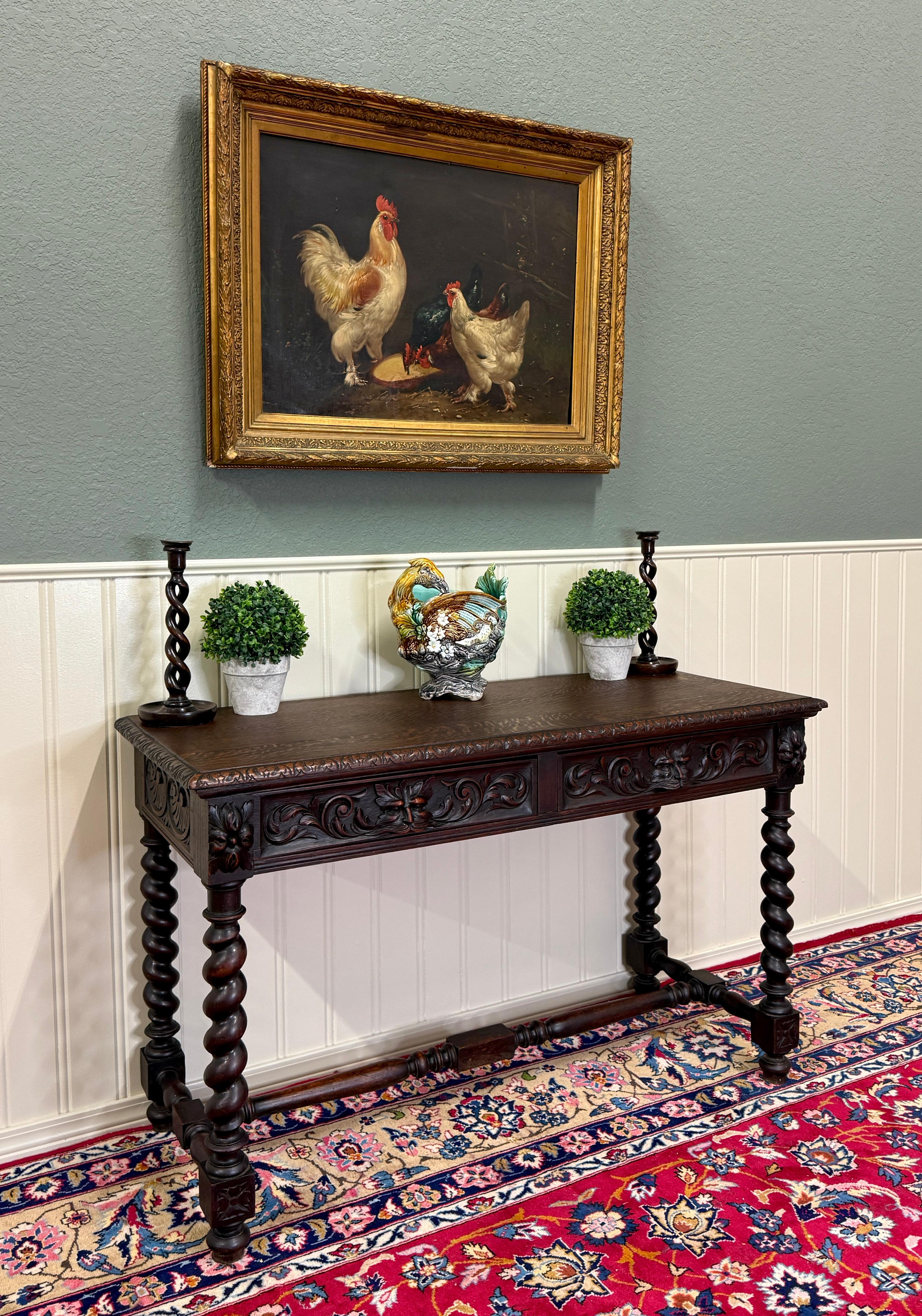 Antique French Desk Entry Table with Drawers Oak Barley Twist Sofa Table c 1900s For Sale 14