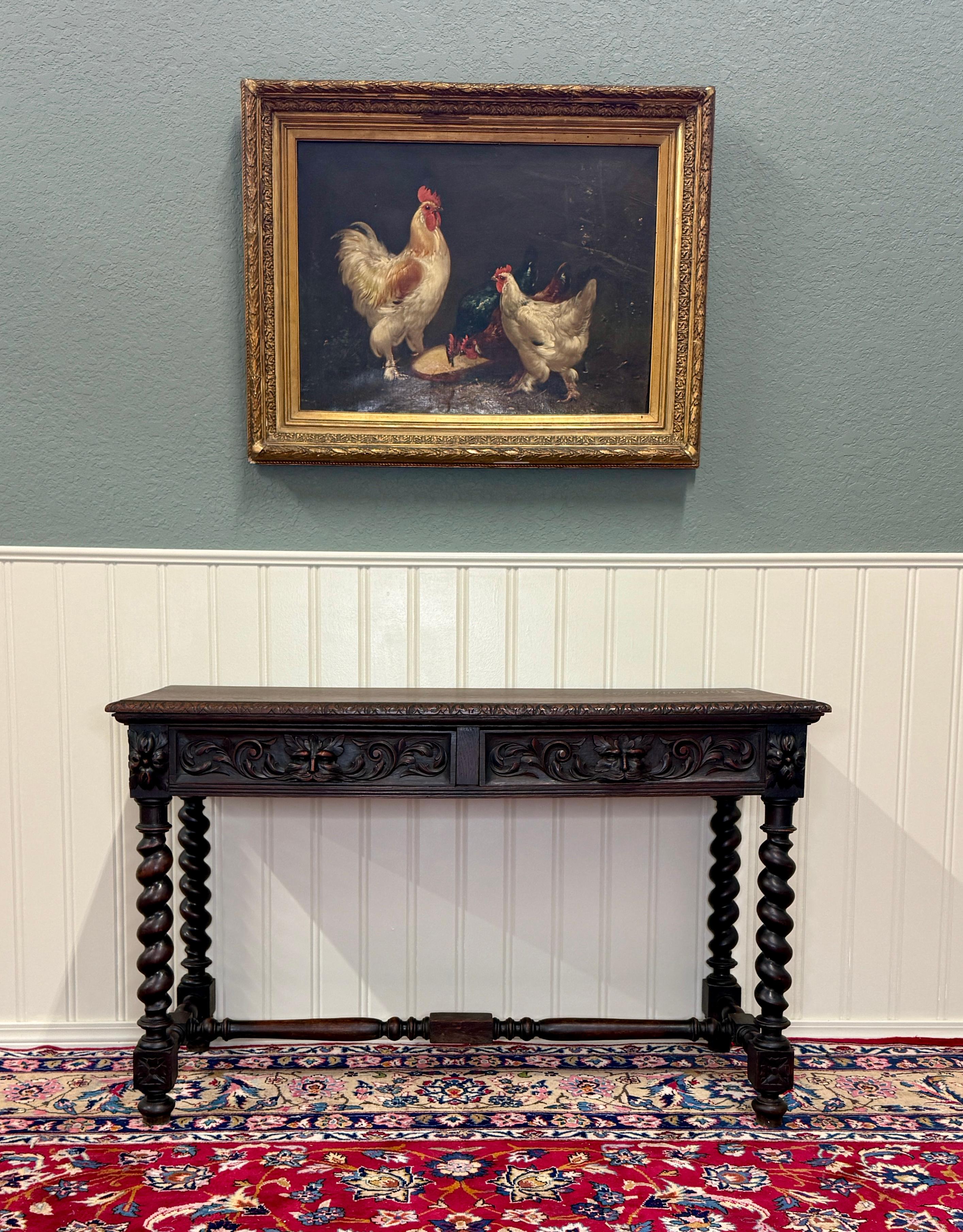 Renaissance Revival Antique French Desk Entry Table with Drawers Oak Barley Twist Sofa Table c 1900s For Sale