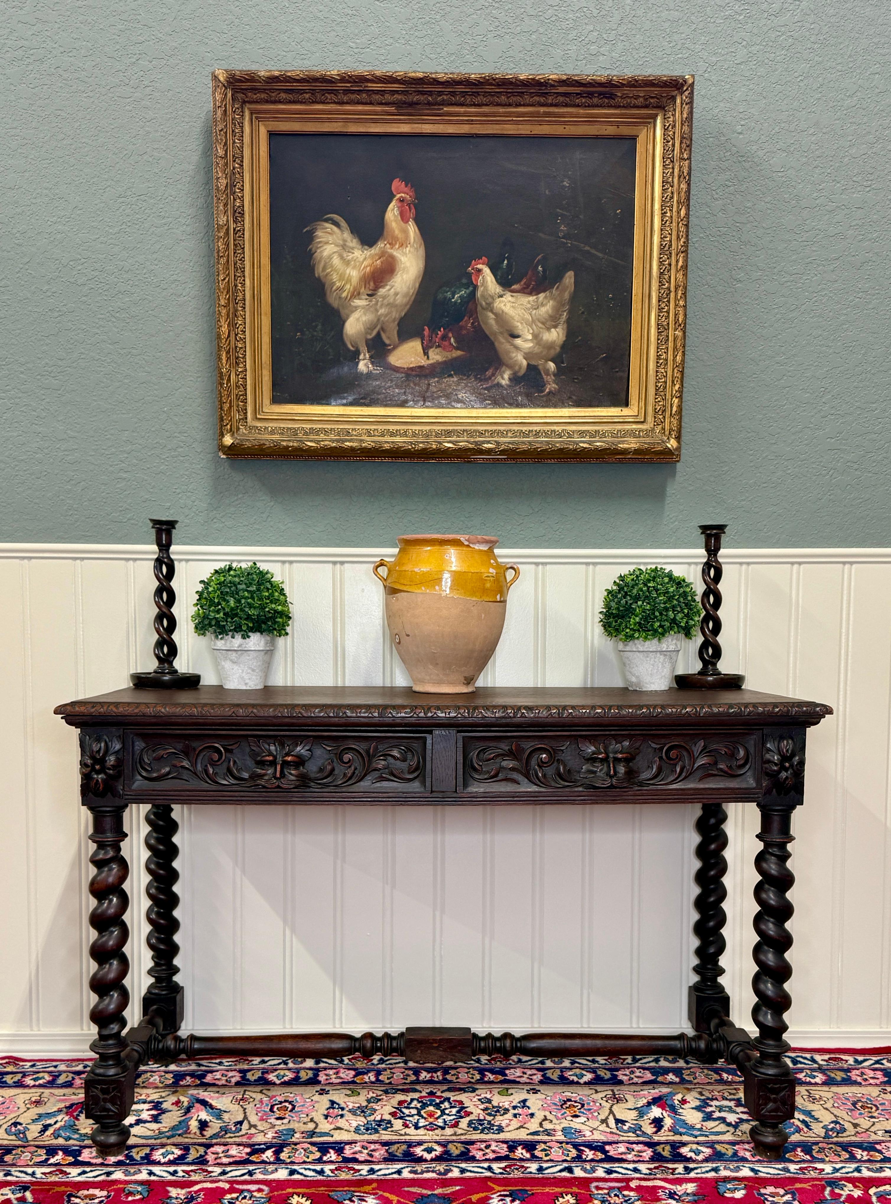 Carved Antique French Desk Entry Table with Drawers Oak Barley Twist Sofa Table c 1900s For Sale