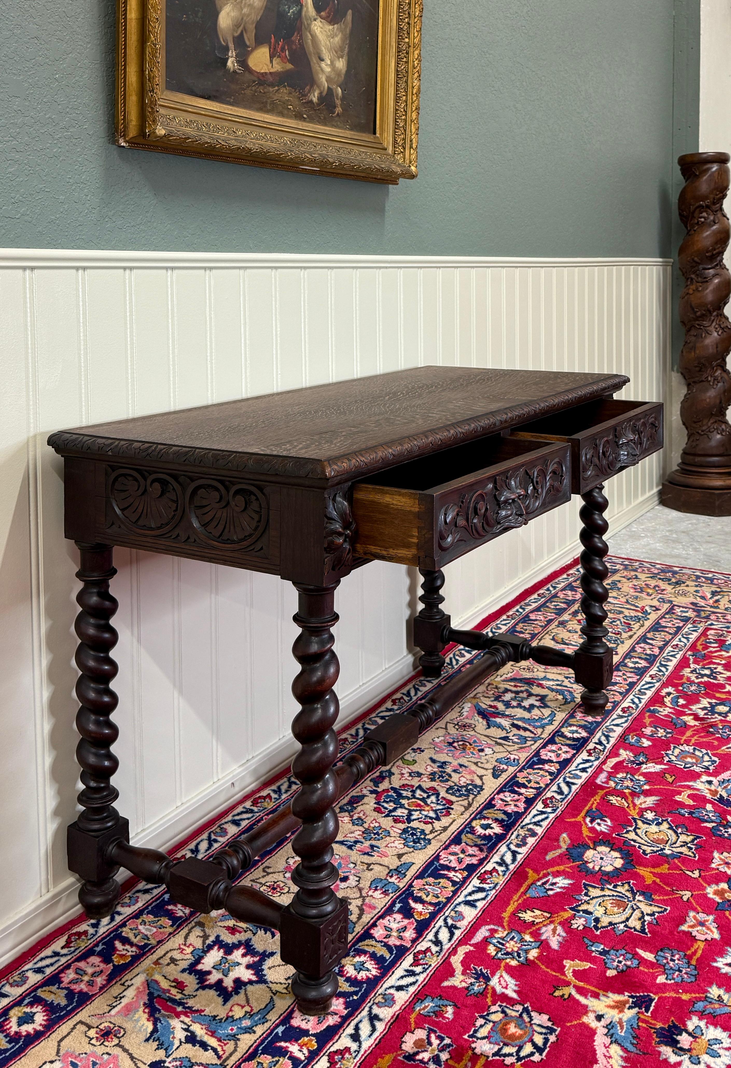 Antique French Desk Entry Table with Drawers Oak Barley Twist Sofa Table c 1900s In Good Condition For Sale In Tyler, TX