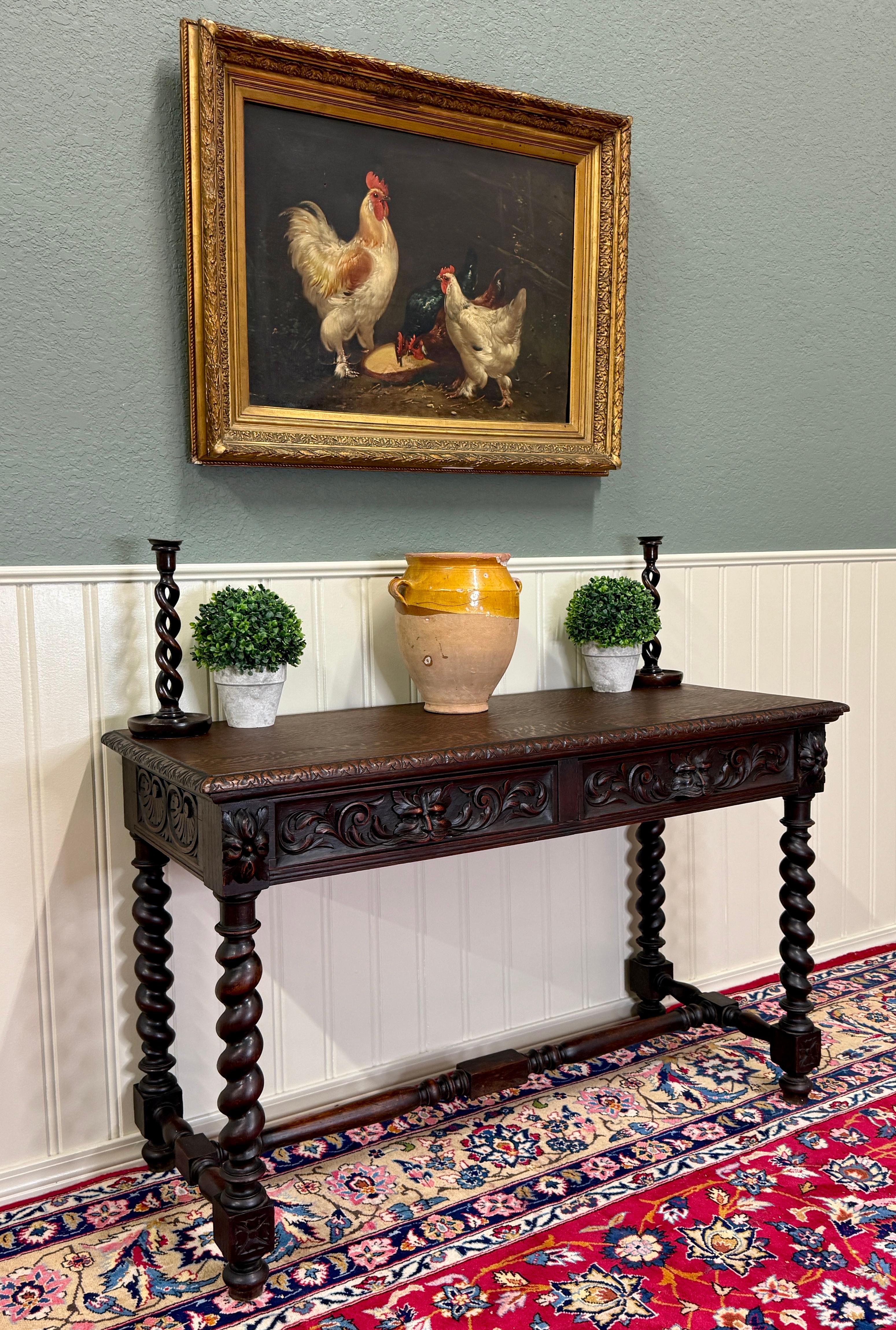 Early 20th Century Antique French Desk Entry Table with Drawers Oak Barley Twist Sofa Table c 1900s For Sale