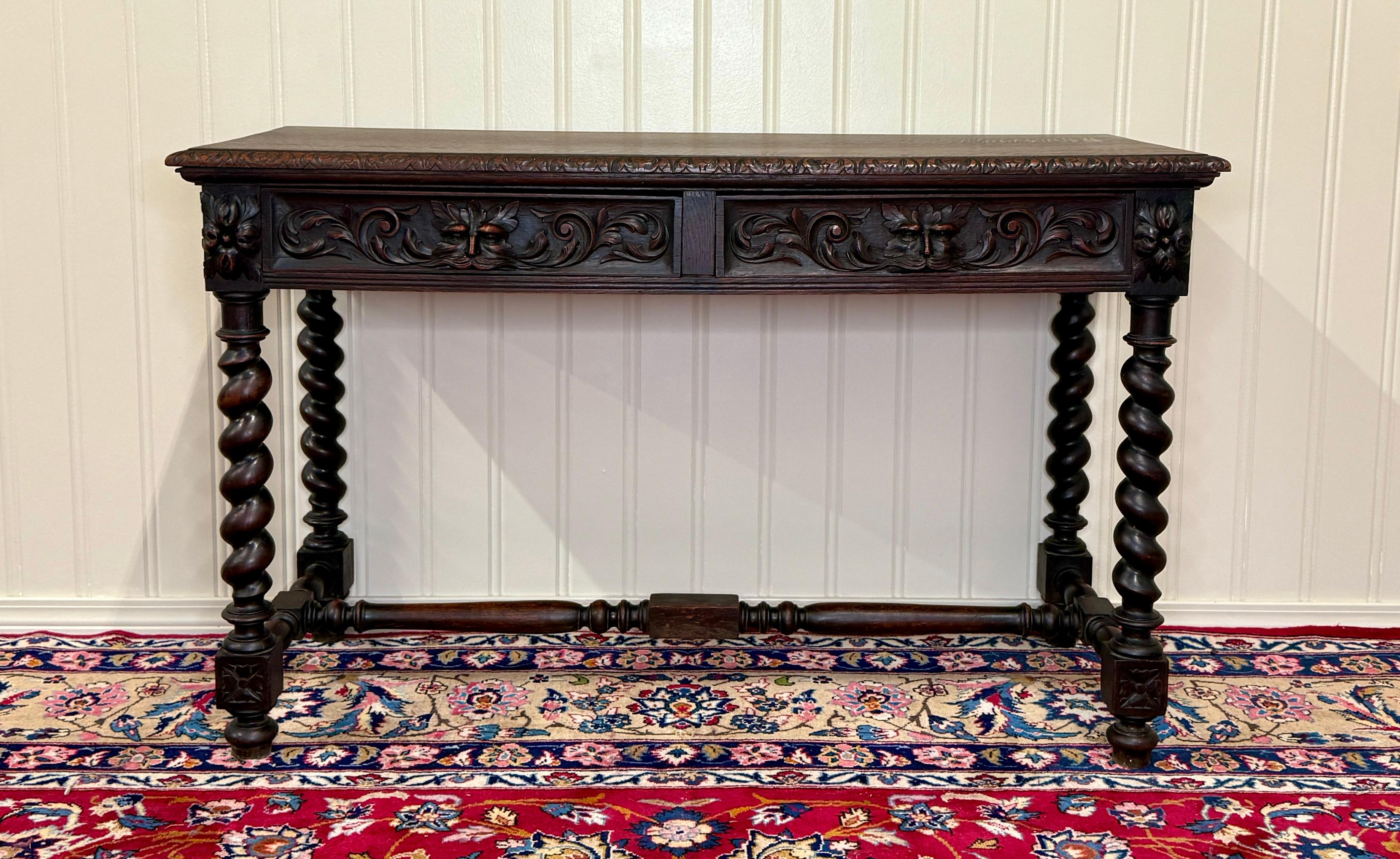 Antique French Desk Entry Table with Drawers Oak Barley Twist Sofa Table c 1900s For Sale 1