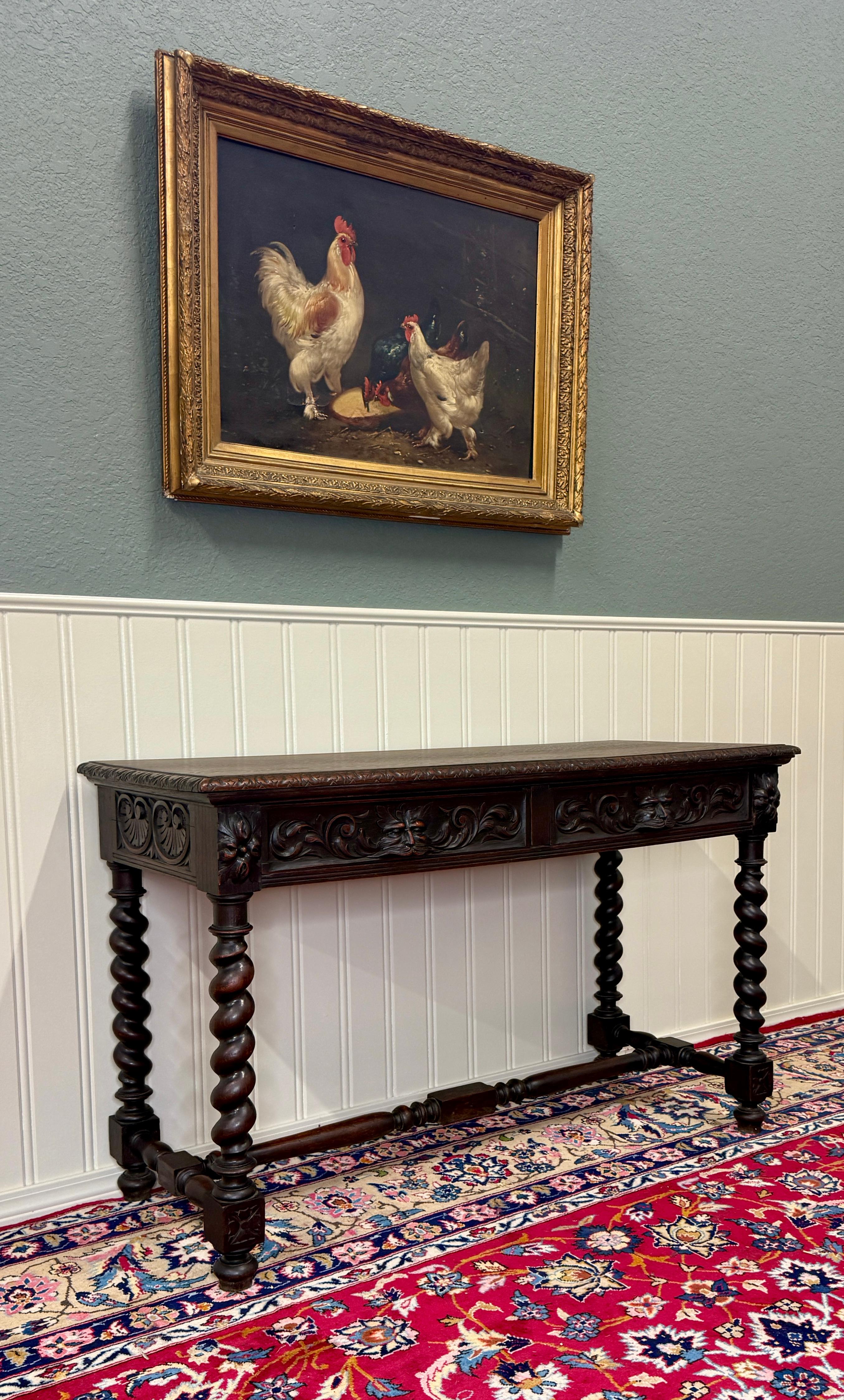 Antique French Desk Entry Table with Drawers Oak Barley Twist Sofa Table c 1900s For Sale 2