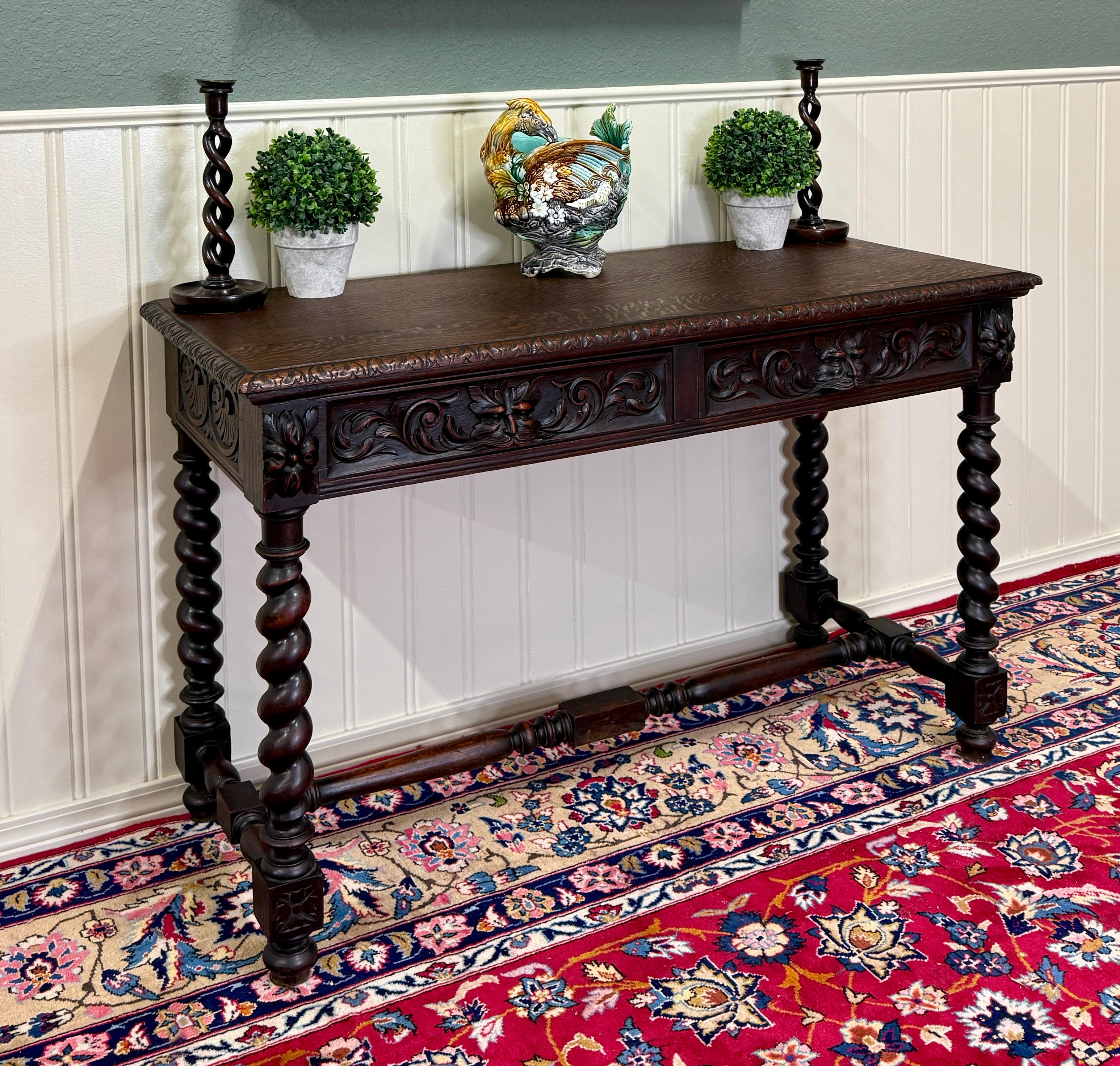 Antique French Desk Entry Table with Drawers Oak Barley Twist Sofa Table c 1900s For Sale 3