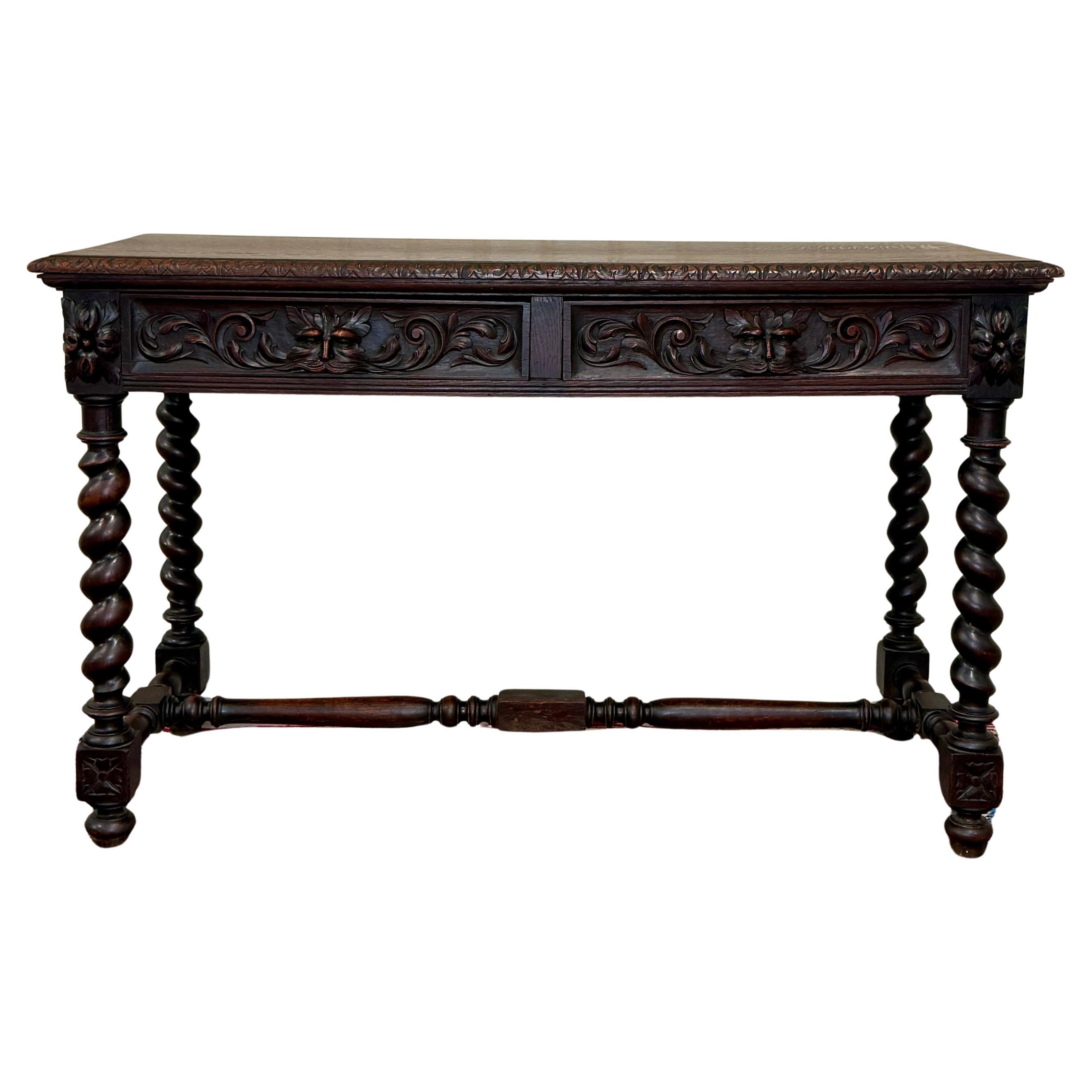 Antique French Desk Entry Table with Drawers Oak Barley Twist Sofa Table c 1900s For Sale