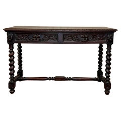 Antique French Desk Entry Table with Drawers Oak Barley Twist Sofa Table c 1900s