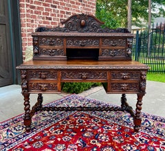 Antique French Desk Library Office Barley Twist Renaissance Revival Oak 19th C