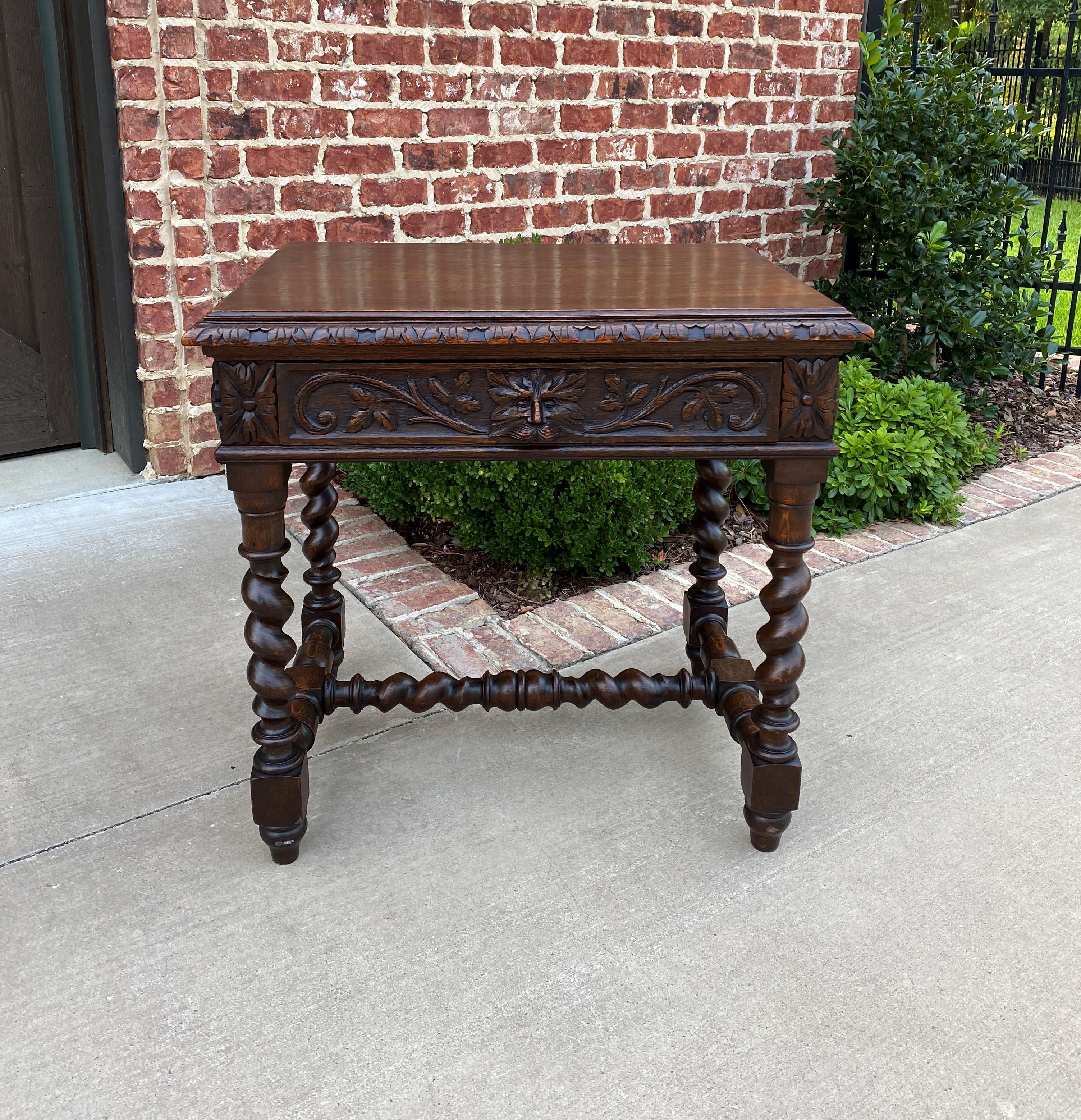 Beautiful 19th century antique French Oak Renaissance revival small desk, writing table, or nightstand with drawer~~Barley twist legs and stretcher~~c. 1880s 

With so many people working from home now, desks have become our most often requested