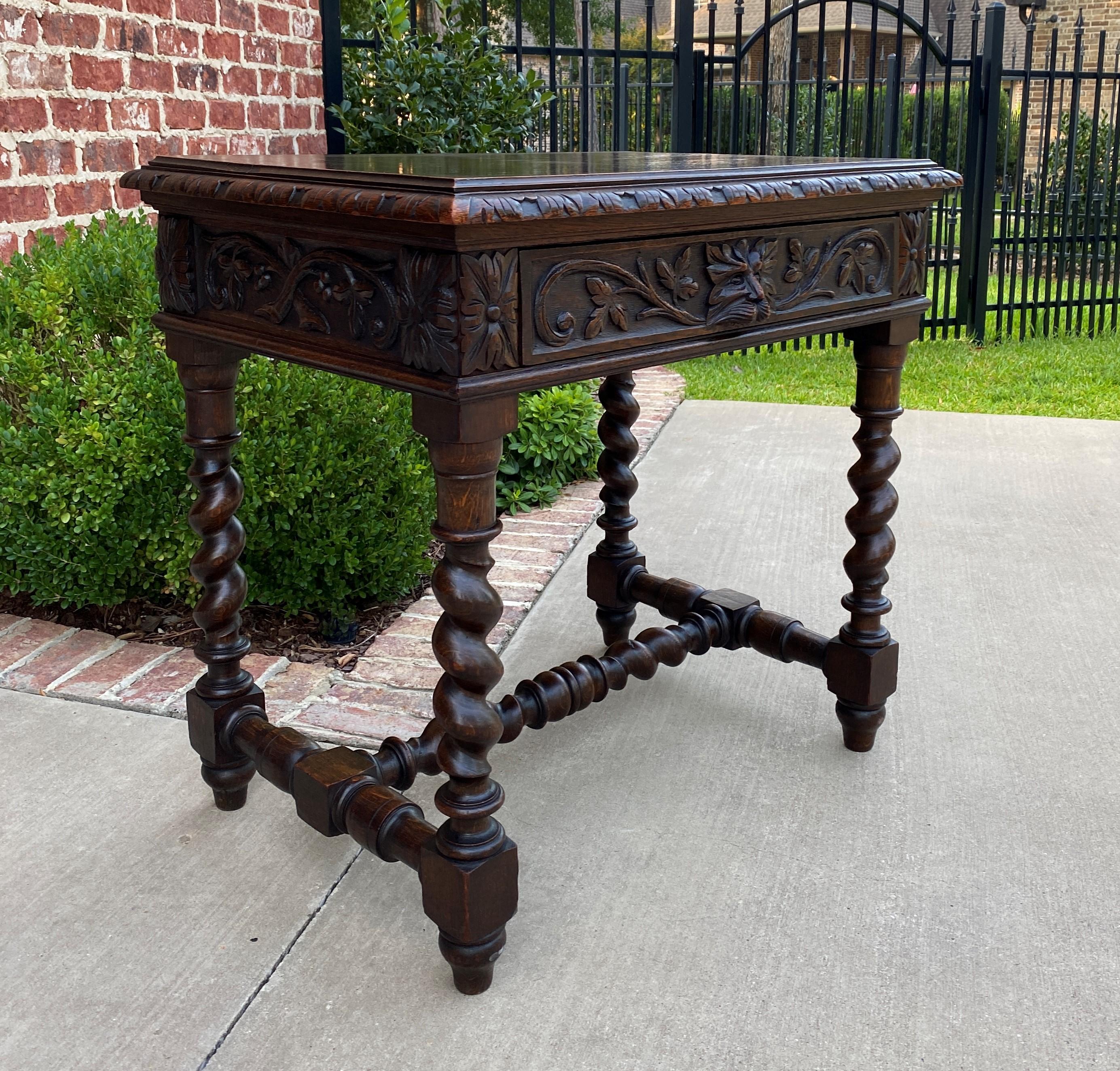 Renaissance Revival Antique French Desk Nightstand Entry Hall Writing Table Drawer Oak Barley Twist