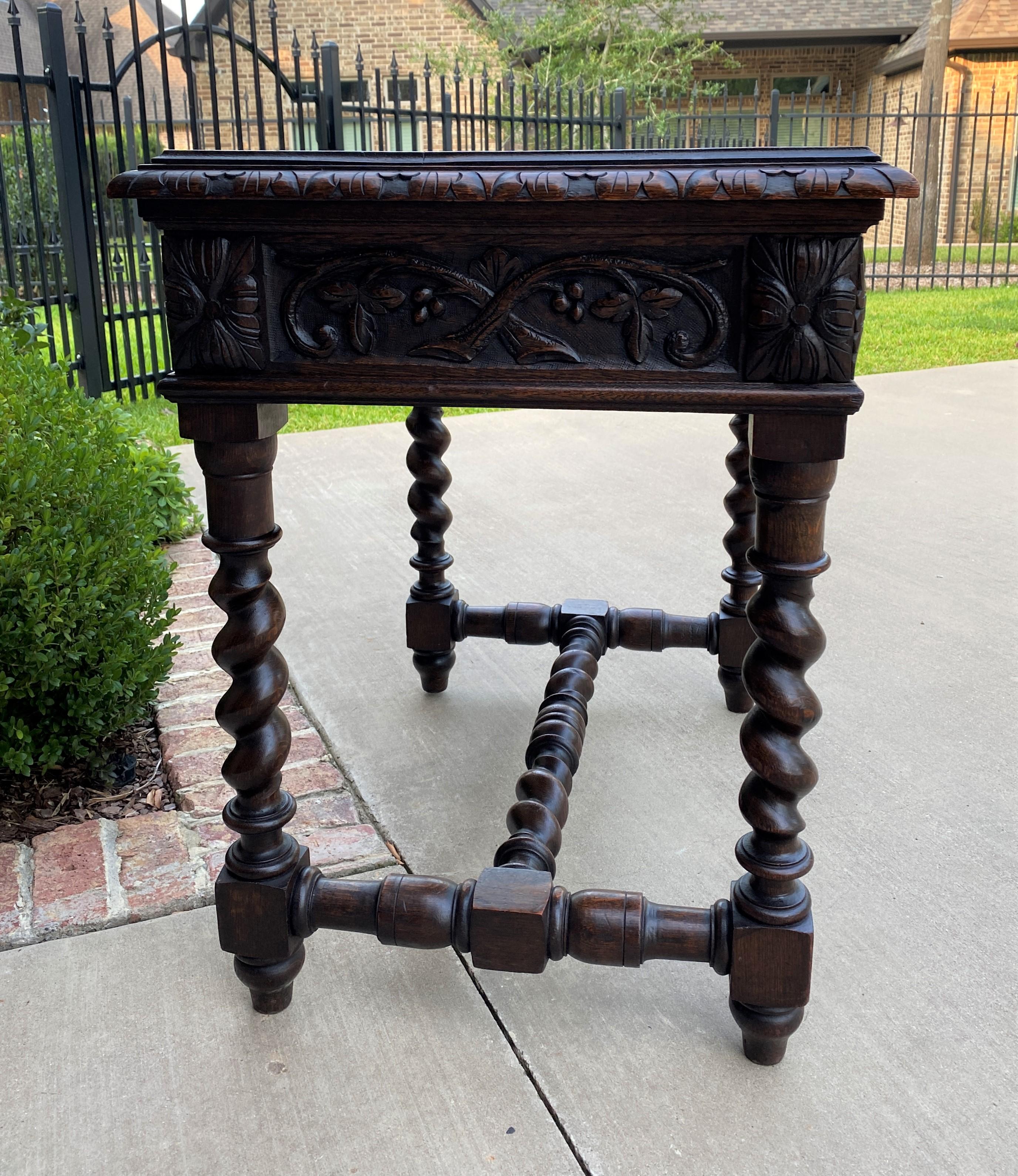 Carved Antique French Desk Nightstand Entry Hall Writing Table Drawer Oak Barley Twist