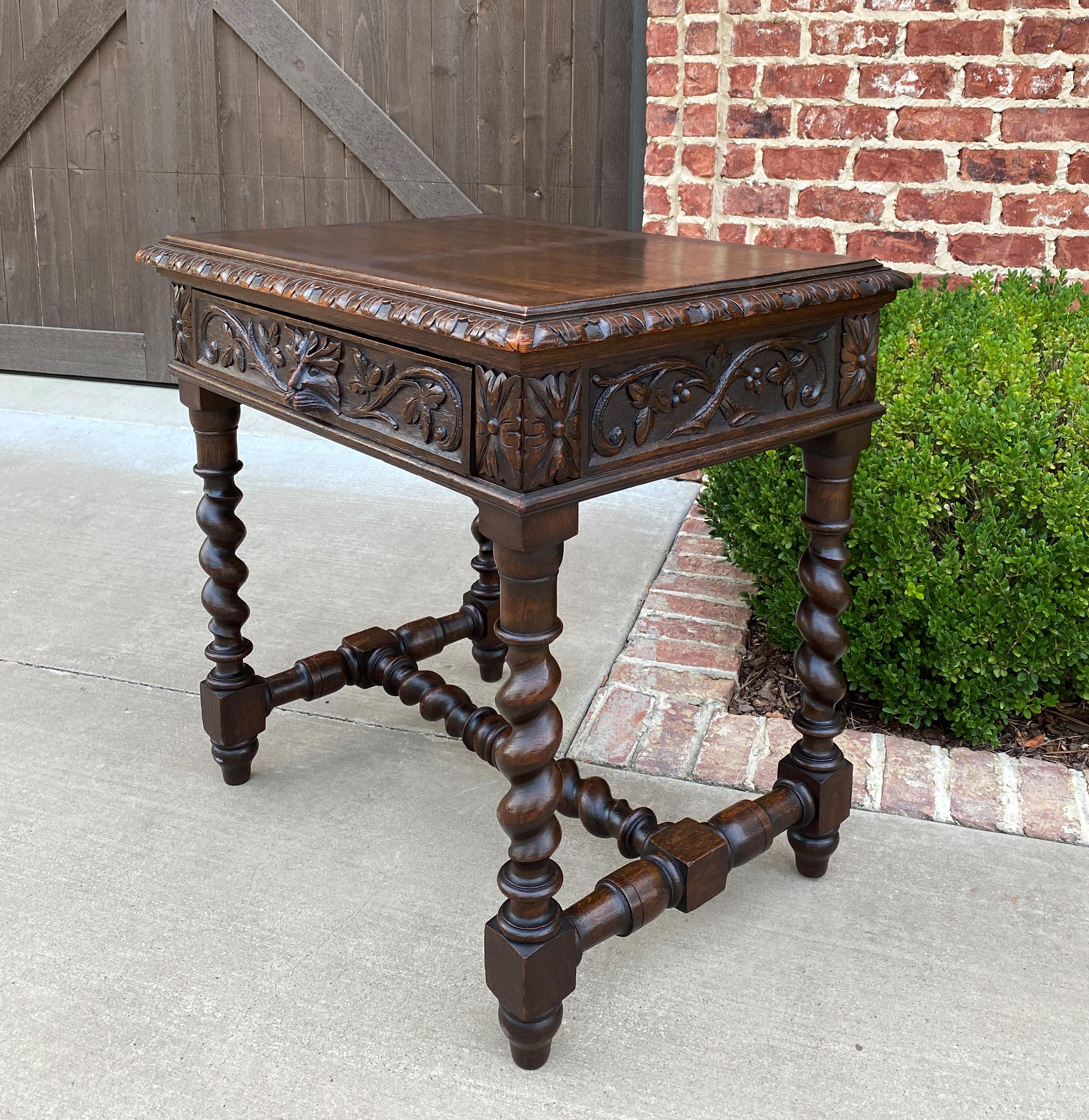 19th Century Antique French Desk Nightstand Entry Hall Writing Table Drawer Oak Barley Twist