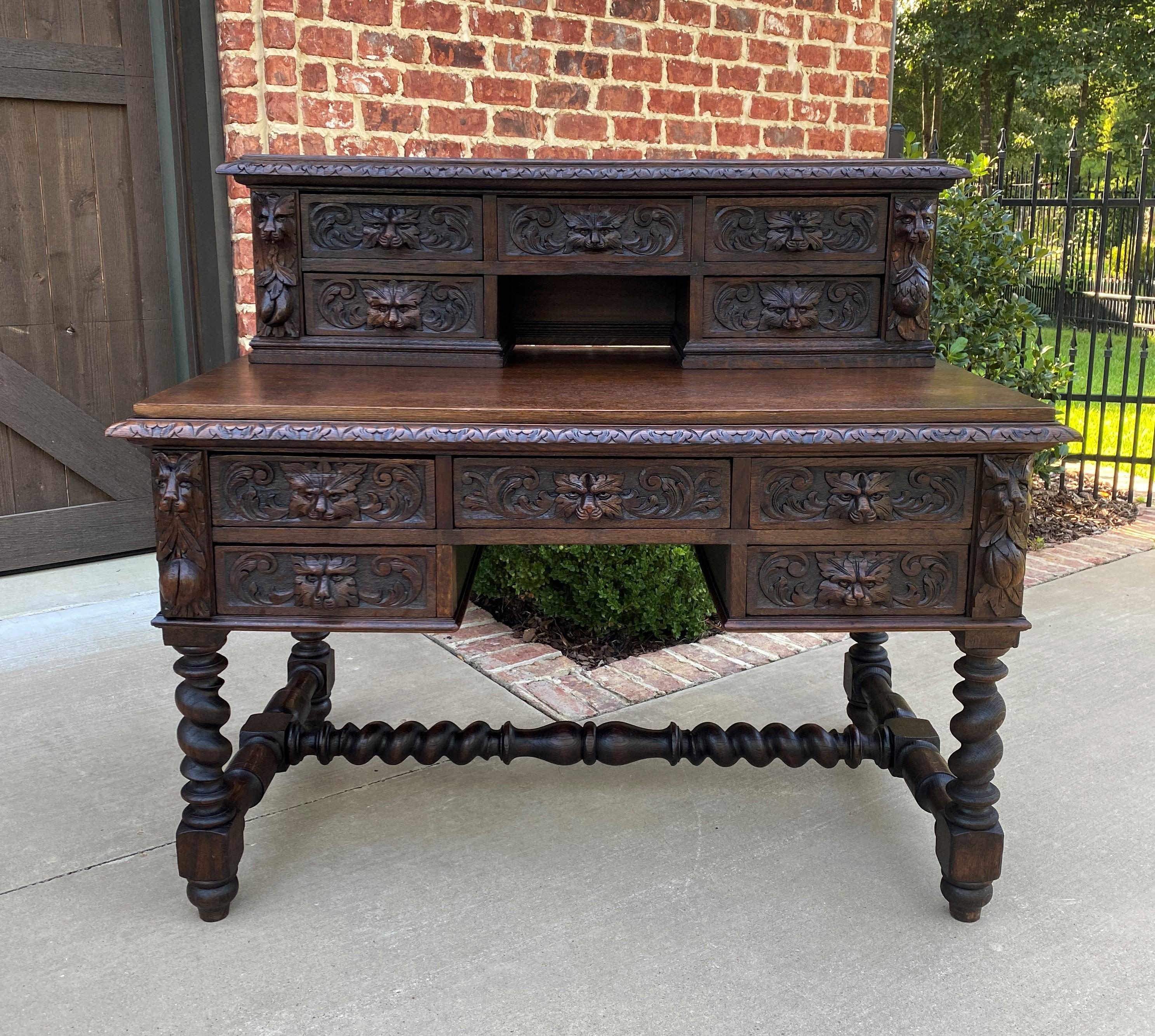Beautiful 19th century antique French oak Renaissance Revival Library office desk with drawers, barley twist legs and stretcher~~c. 1880s 

With so many people working from home, desks have become our most often requested items this year~~this is