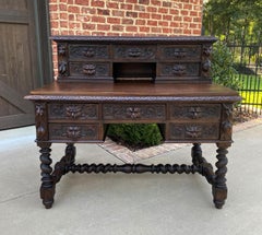 Antique French Desk Office Library Desk Barley Twist Renaissance Revival Oak 19C