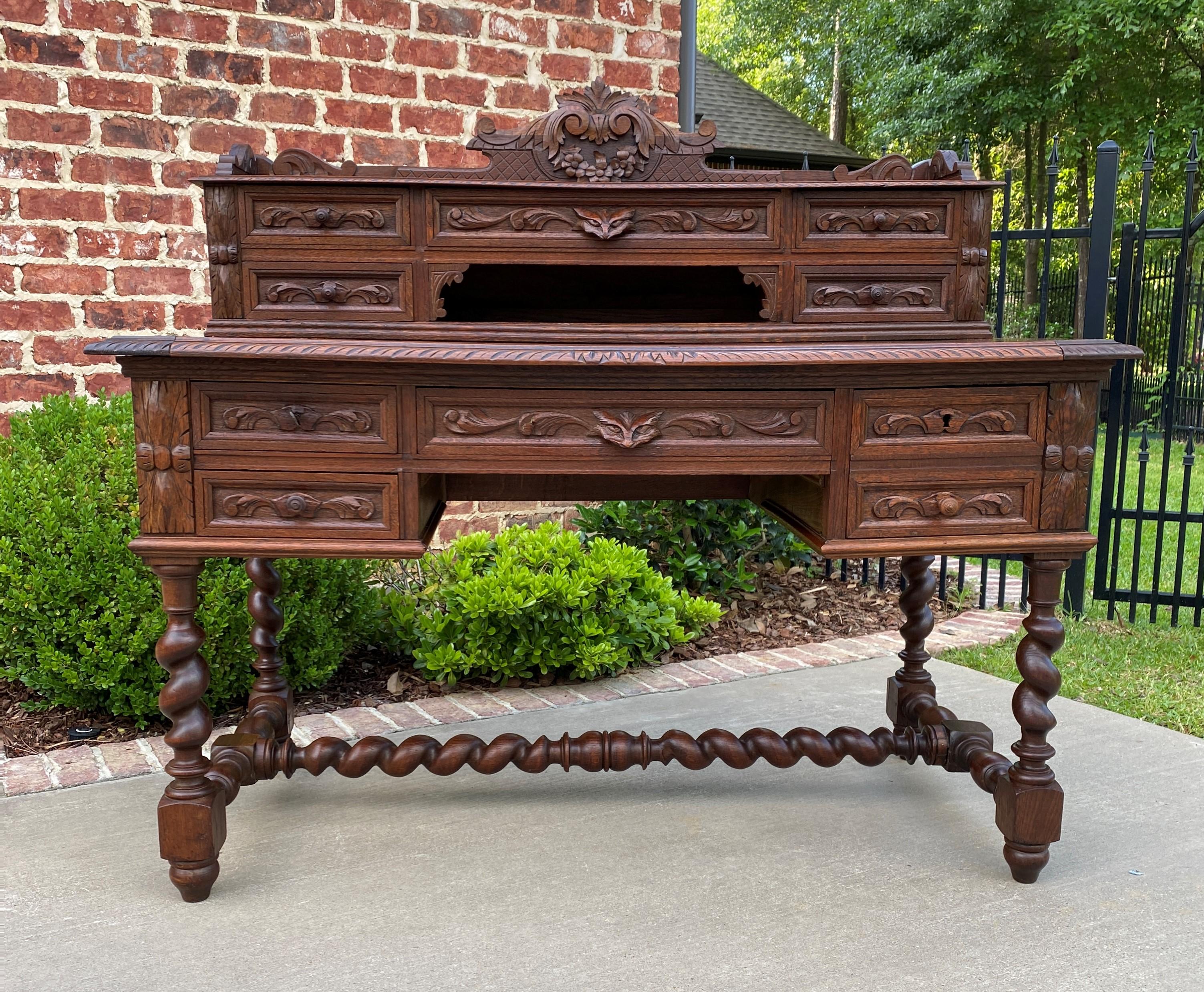 Beautiful 19th century antique French oak Renaissance Revival library office desk with drawers, barley twist legs and stretcher ~~c. 1880s

With so many people working from home, desks have become our most often requested items this year~~this is