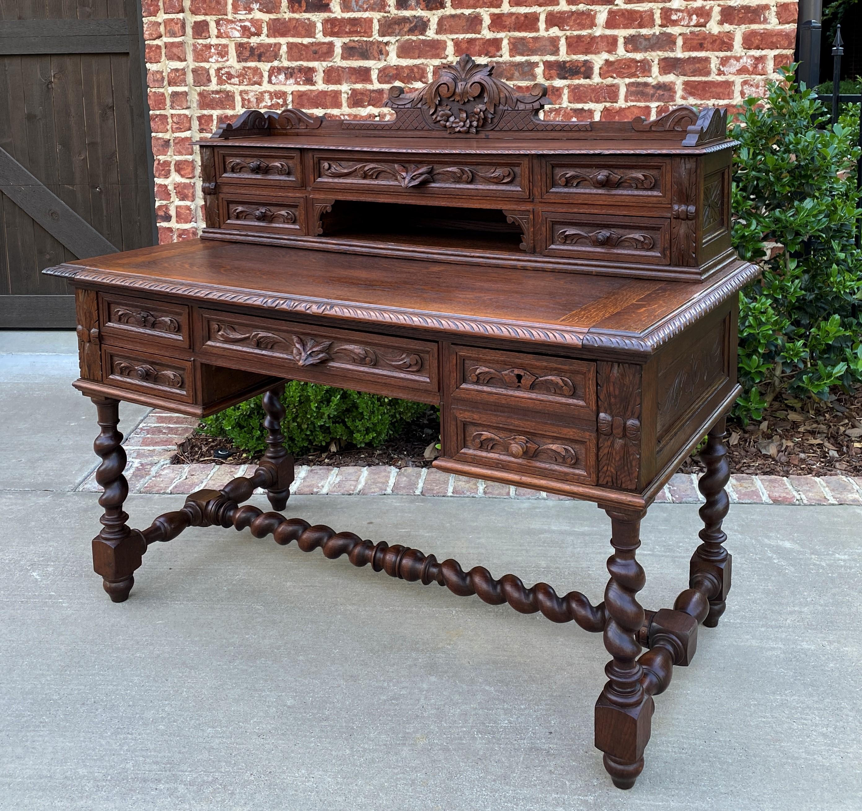 Antique French Desk Office Library Desk Renaissance Revival Barley Twist Oak 19C 2