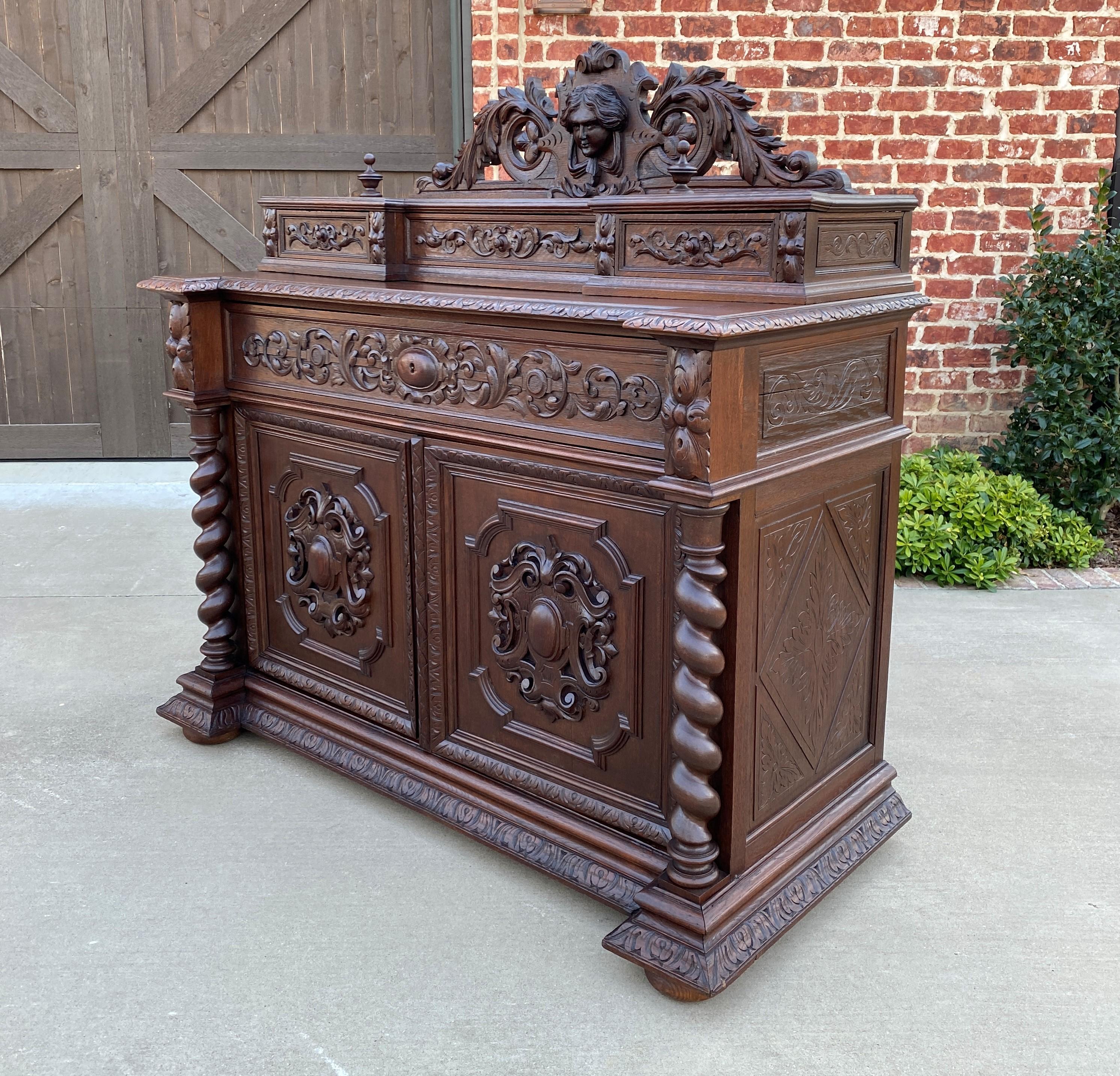 Antique French Desk Secretary Chest Server Drawers Barley Twist Renaissance Oak  In Good Condition For Sale In Tyler, TX