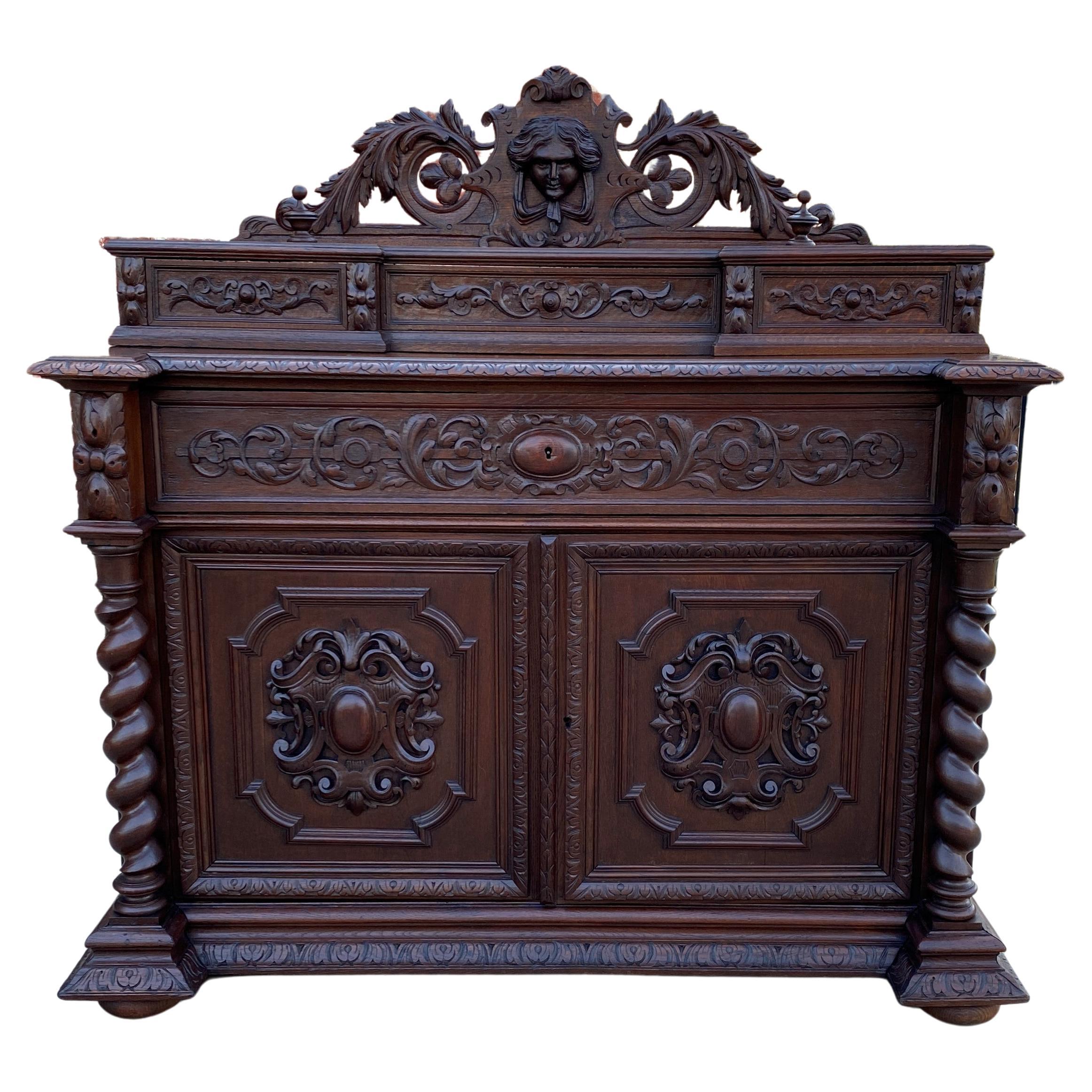 Antique French Desk Secretary Chest Server Drawers Barley Twist Renaissance Oak  For Sale