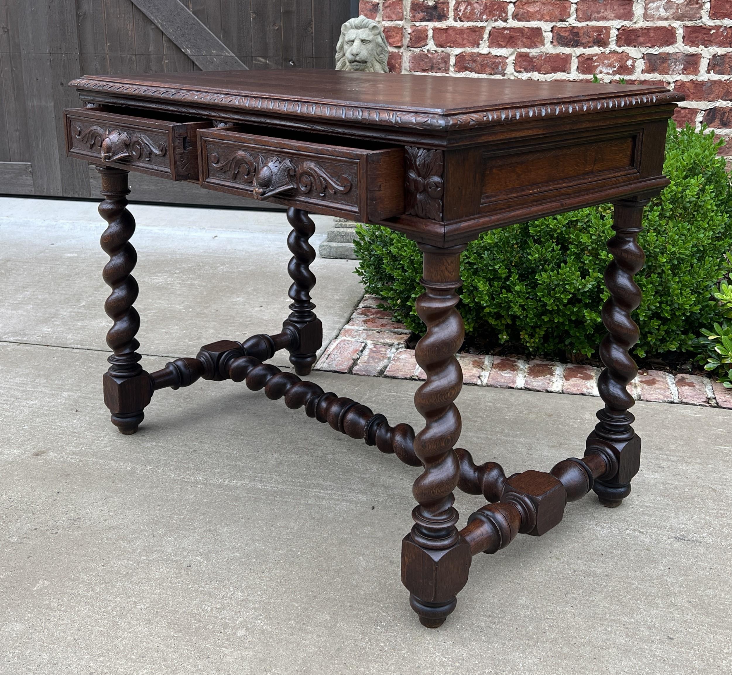 Antique French Desk Table Renaissance Revival Barley Twist Oak 2 Drawers 5