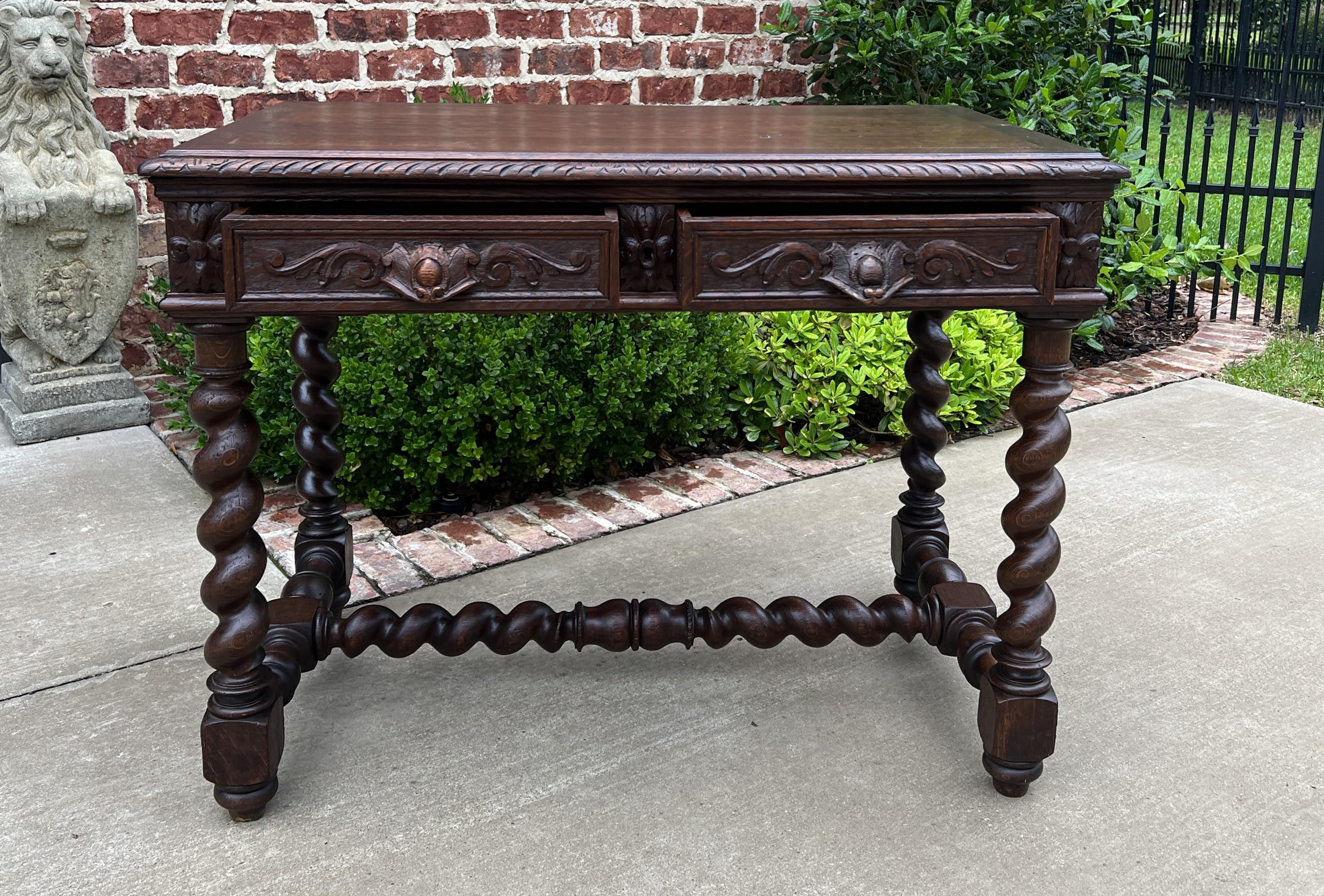 Antique French Desk Table Renaissance Revival Barley Twist Oak 2 Drawers 6