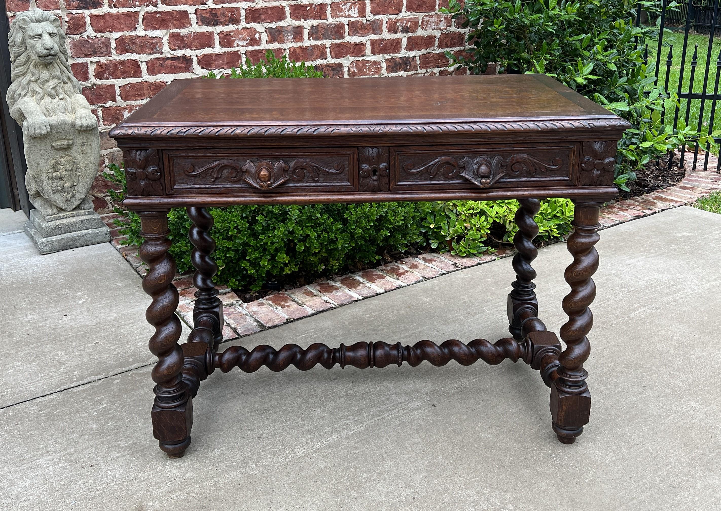 Antique French Desk Table Renaissance Revival Barley Twist Oak 2 Drawers 10