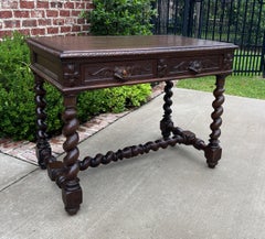 Antique French Desk Table Renaissance Revival Barley Twist Oak 2 Drawers