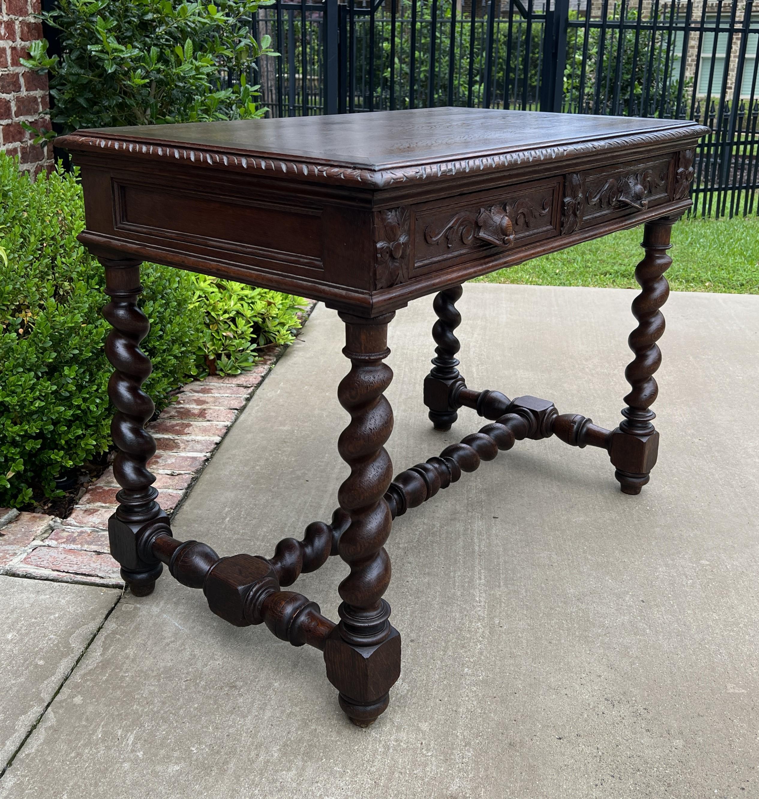 Carved Antique French Desk Table Renaissance Revival Barley Twist Oak 2 Drawers