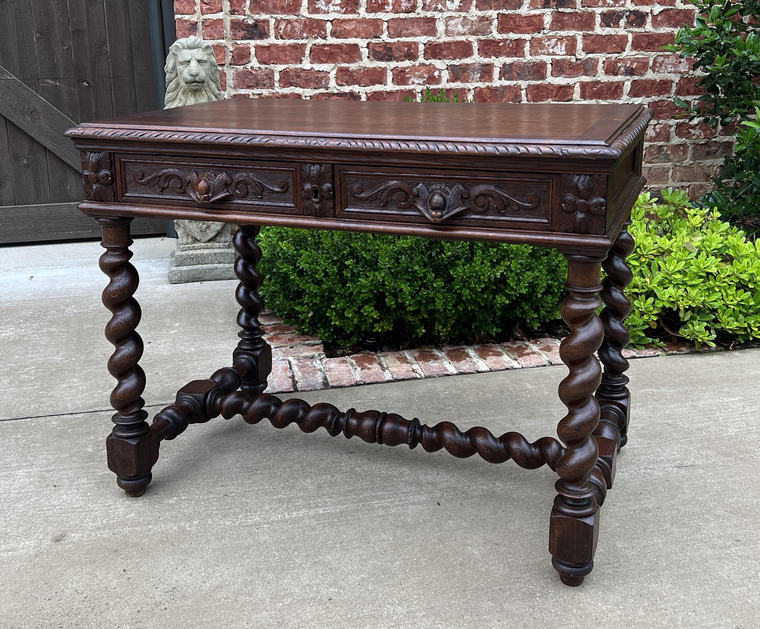 Antique French Desk Table Renaissance Revival Barley Twist Oak 2 Drawers In Good Condition In Tyler, TX