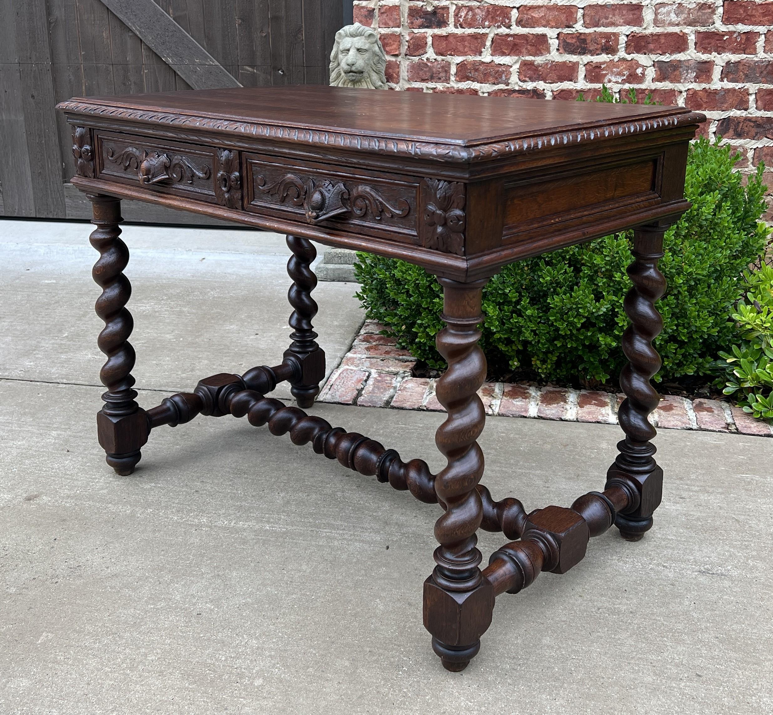 Late 19th Century Antique French Desk Table Renaissance Revival Barley Twist Oak 2 Drawers