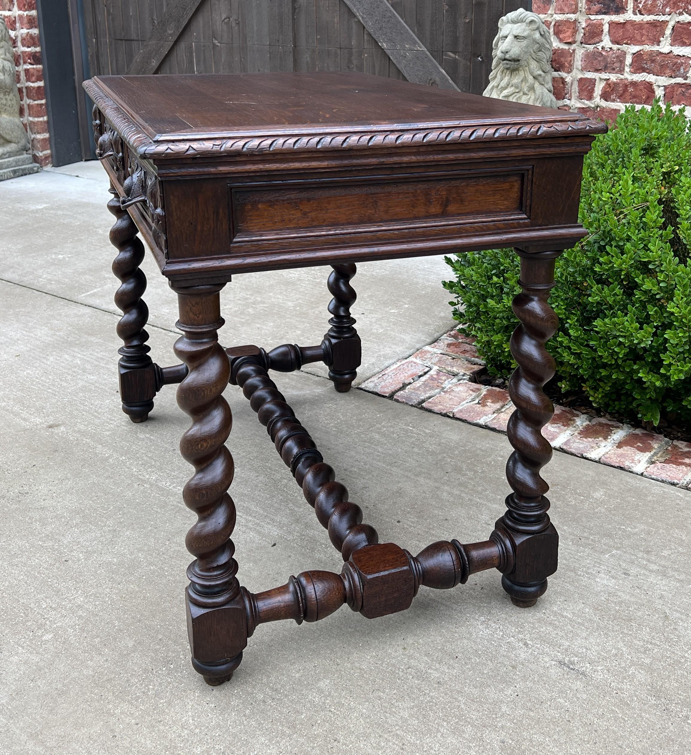 Antique French Desk Table Renaissance Revival Barley Twist Oak 2 Drawers 1