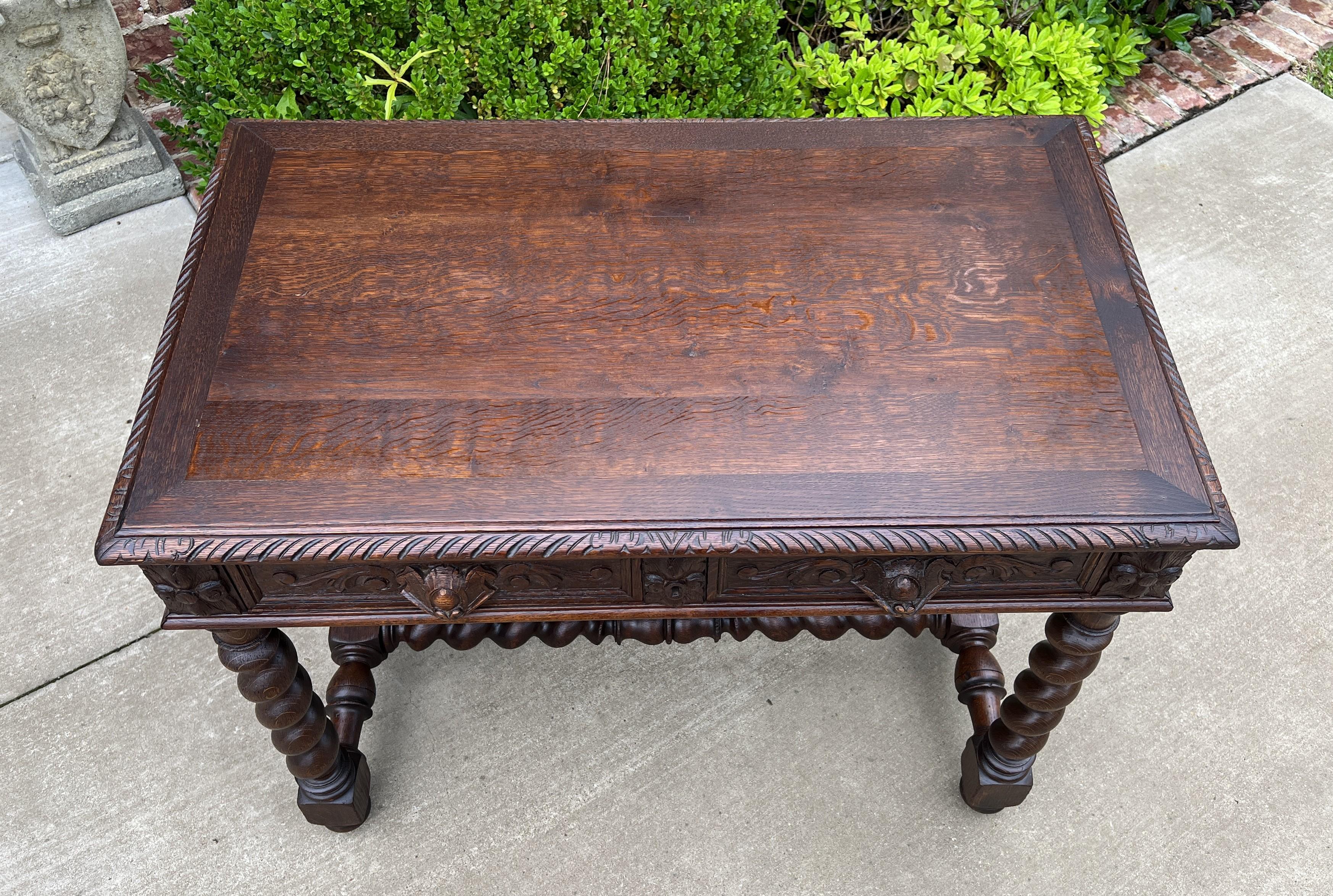 Antique French Desk Table Renaissance Revival Barley Twist Oak 2 Drawers 2