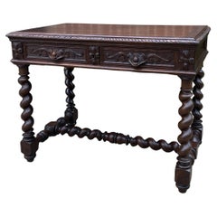 Antique French Desk Table Renaissance Revival Barley Twist Oak 2 Drawers