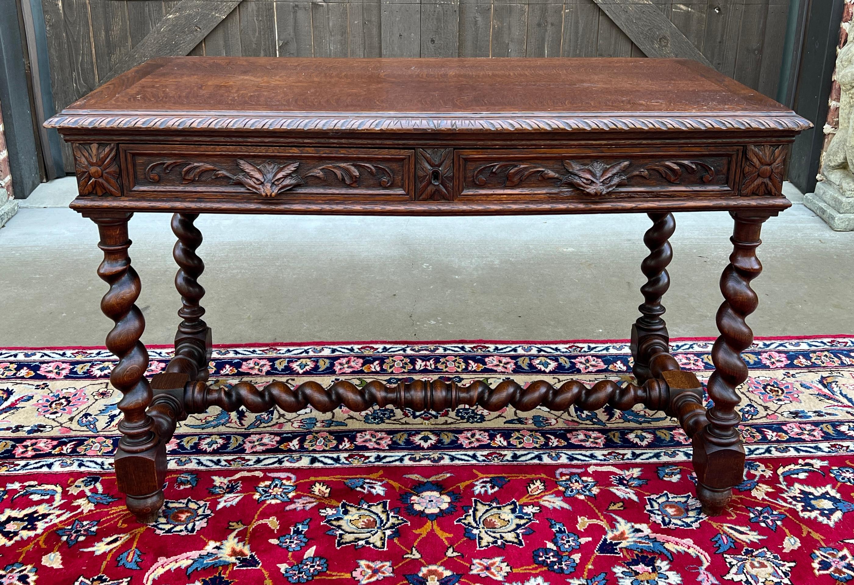 Antique French Desk Table Renaissance Revival Barley Twist Carved Tiger Oak 19C 6